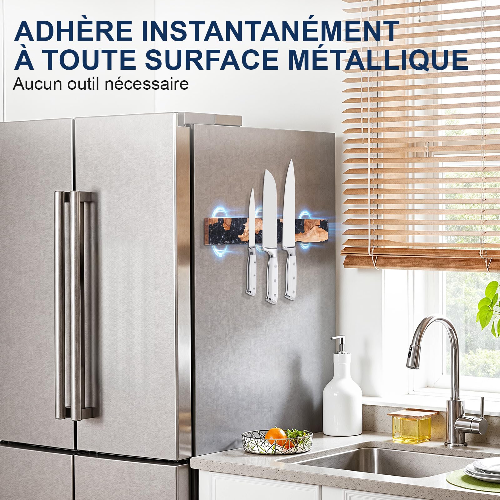 ENOKING Porte Couteaux Magnétique Mural 40 cm, Barre Magnétique Couteaux en Bois d’Acacia & Résine Noire, Support Couteaux Aimanté avec Fixation Adhésive ou Vis, Range Couteaux Mural pour Cuisine