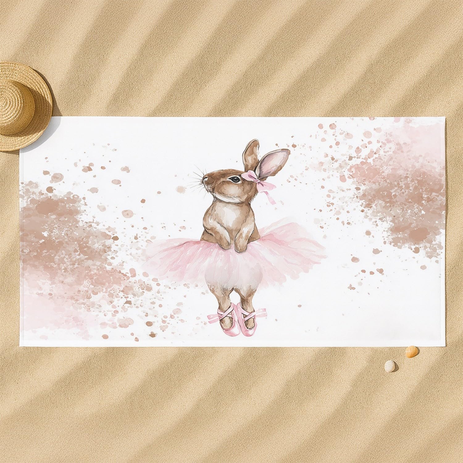 Grande Serviette de Plage 180 x 100 CM,Drap de Plage Microfibre,Couverture de Plage Absorbante Rapide pour Élégant, Onirique, Fantaisiste, Aquarelle Lapin Brun aux Oreilles Roses, Tutu de Ballet