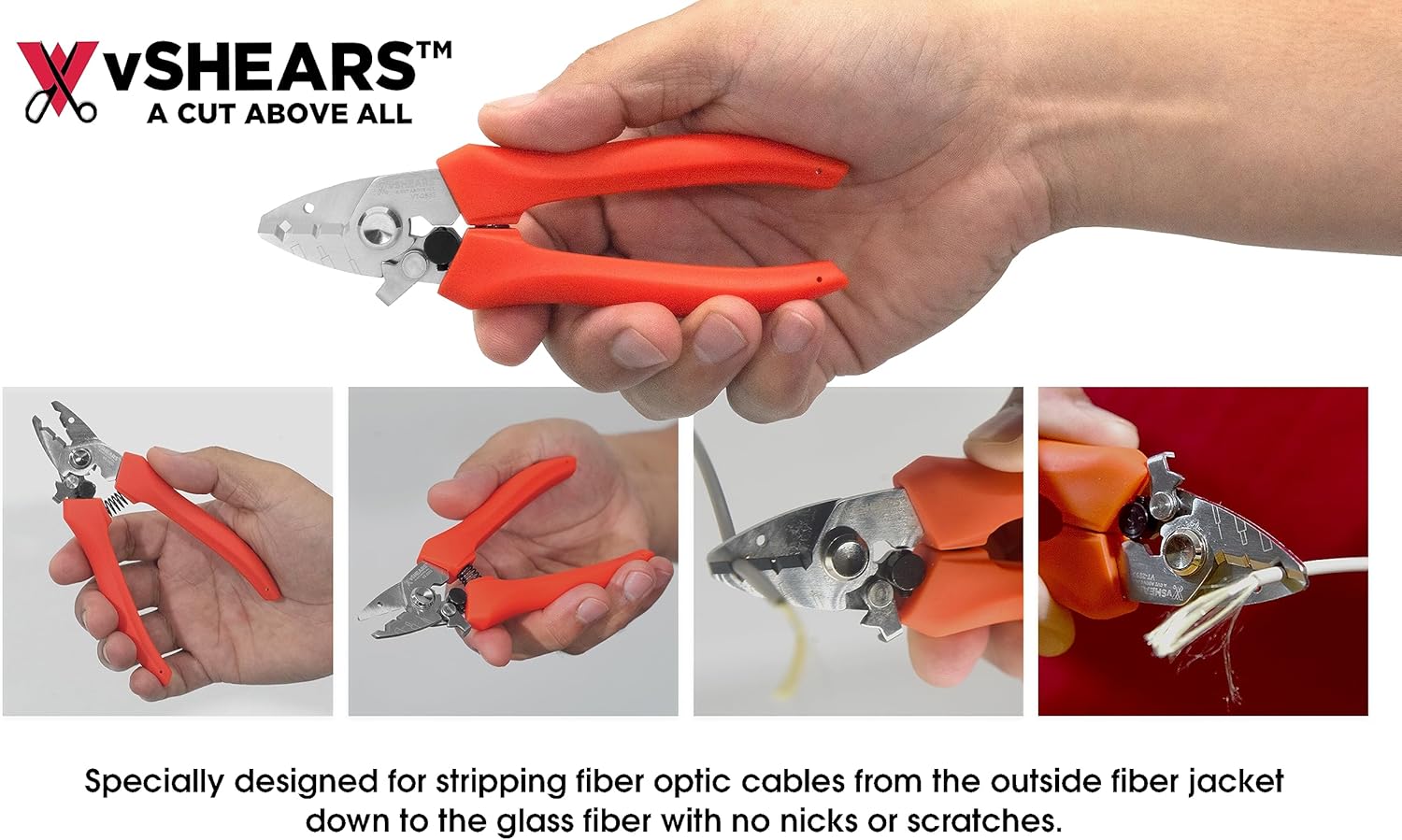 VAMPLIERS 5.5" Three Hole High Precision Fiber Optic Wire Stripper Tool. For Stripping Fiber Jacket, Buffer Coating & Micron Acrylate Coating from Fiber Core. High Carbon Alloy Steel with TPR Handles.