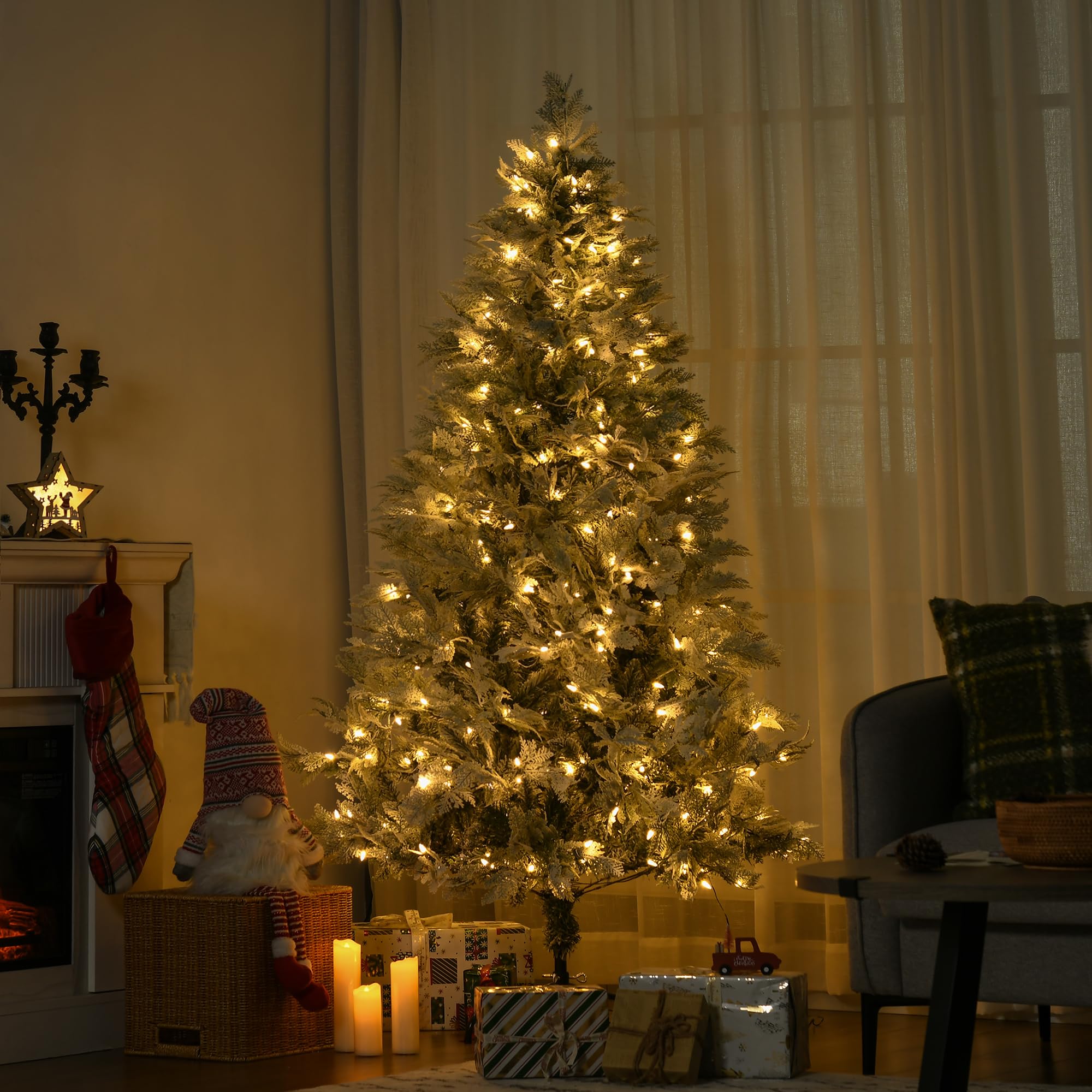 HOMCOM Árbol de Navidad Artificial 180 cm, 300 Luces LED Blancas Cálidas | Árbol de Navidad Nevado, 577 Ramas, Forma de Ciprés, Base Plegable, Decoración Navideña