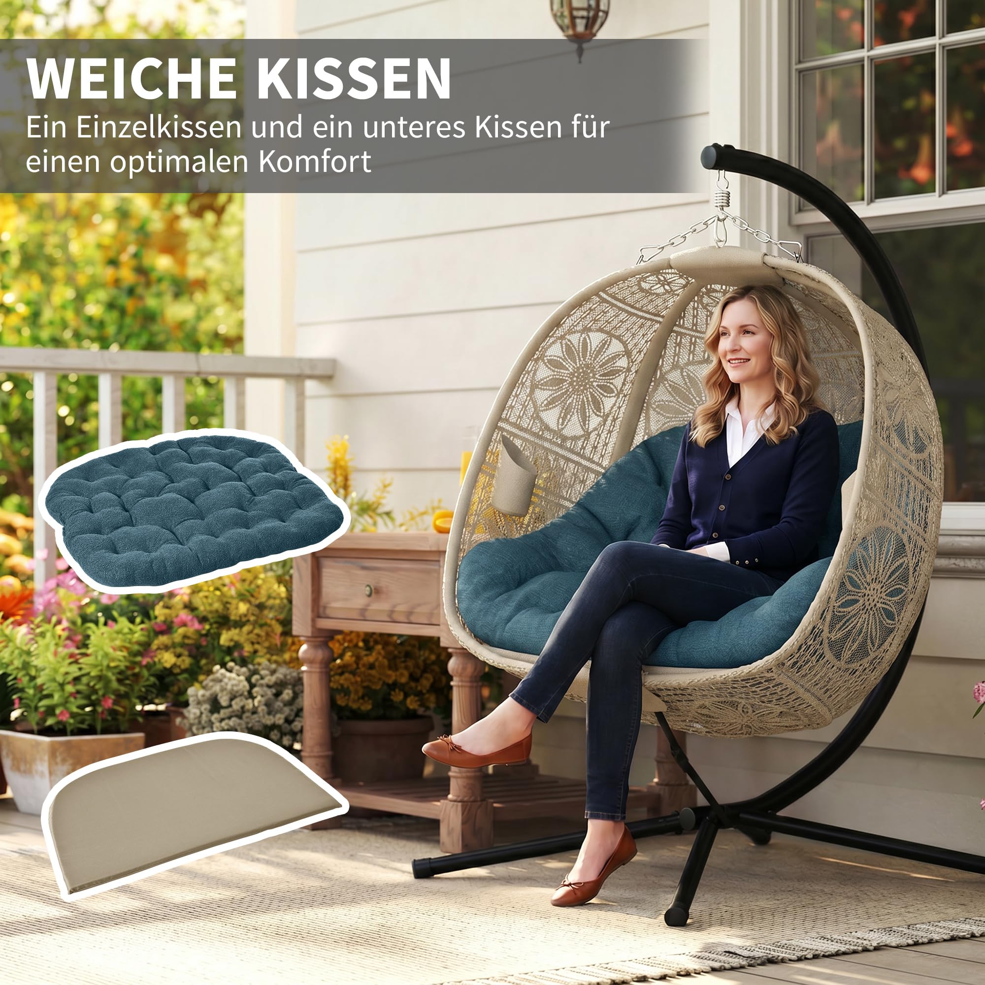 Outsunny Hängesessel mit Gestell, Eiförmiger Hängeschaukel mit abnehmbarem waschbarem Kissen, Hängematte für 2 Personen, Schaukelsessel Indoor Outdoor, Sand+Schwarz