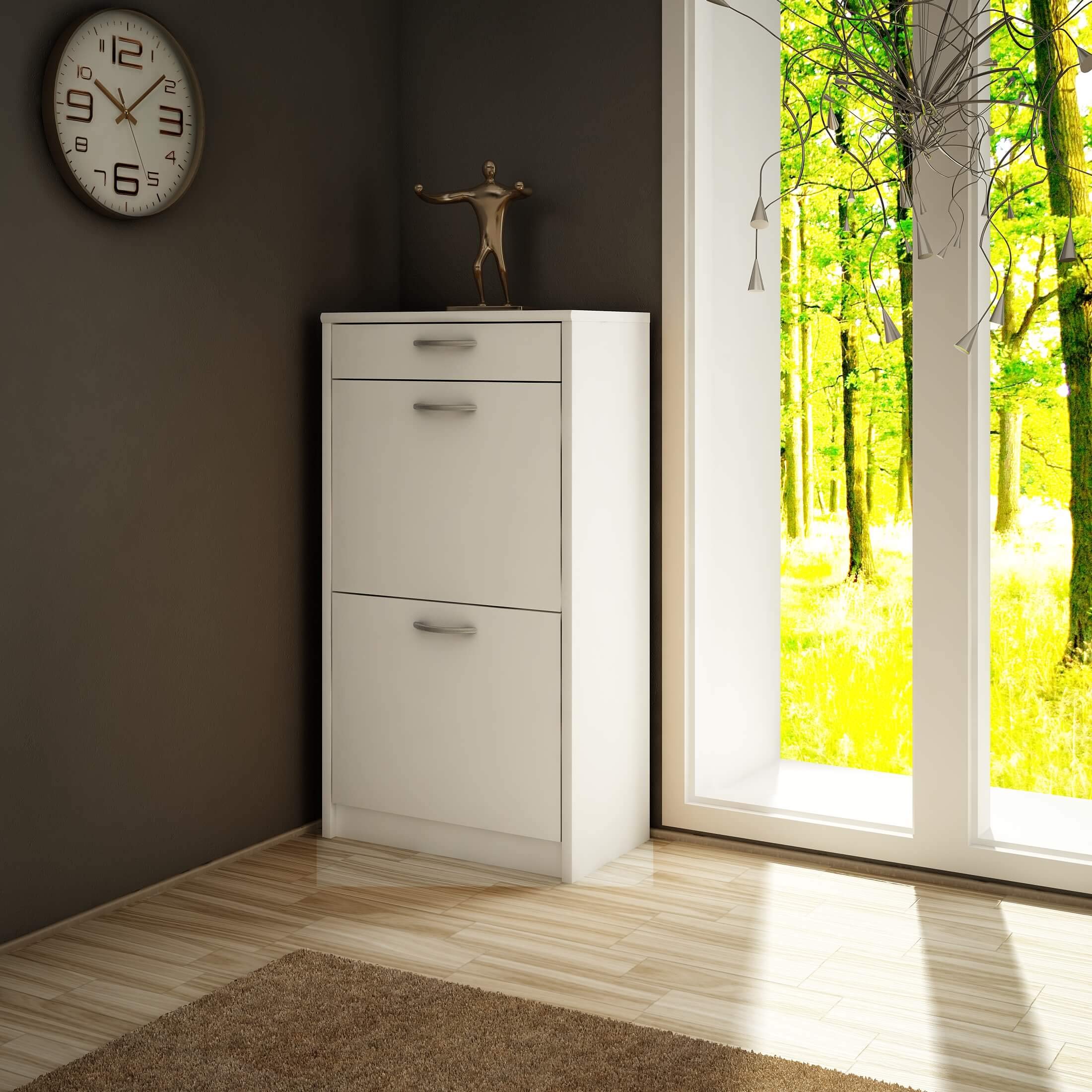 MATKAM Scarpiera 2D1S in stile moderno, largh. 50 x alt. 92 x prof. 28 cm, pannello per mobili laminato 16 mm, con pannello posteriore, 2 ripiani per scarpe ribaltabili, 1 cassetto (bianco)