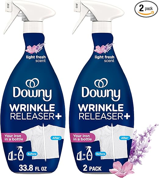 Downy Wrinkle Releaser Spray, All In One Wrinkle Release Spray, Odor Eliminator, Static Remover, Fabric Refresher & Ironing Aid for Clothes, 33.8 Fl Oz (Pack of 2), Light Fresh Scent