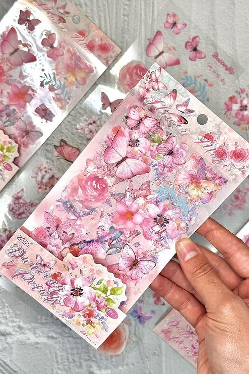 Kolbi Craft 4 Sayfa 60 Adet Şeffaf Pembe Kelebek Çiçek Sticker Bullet Journal Scrapbook Laptop Ajanda Planlayıcı