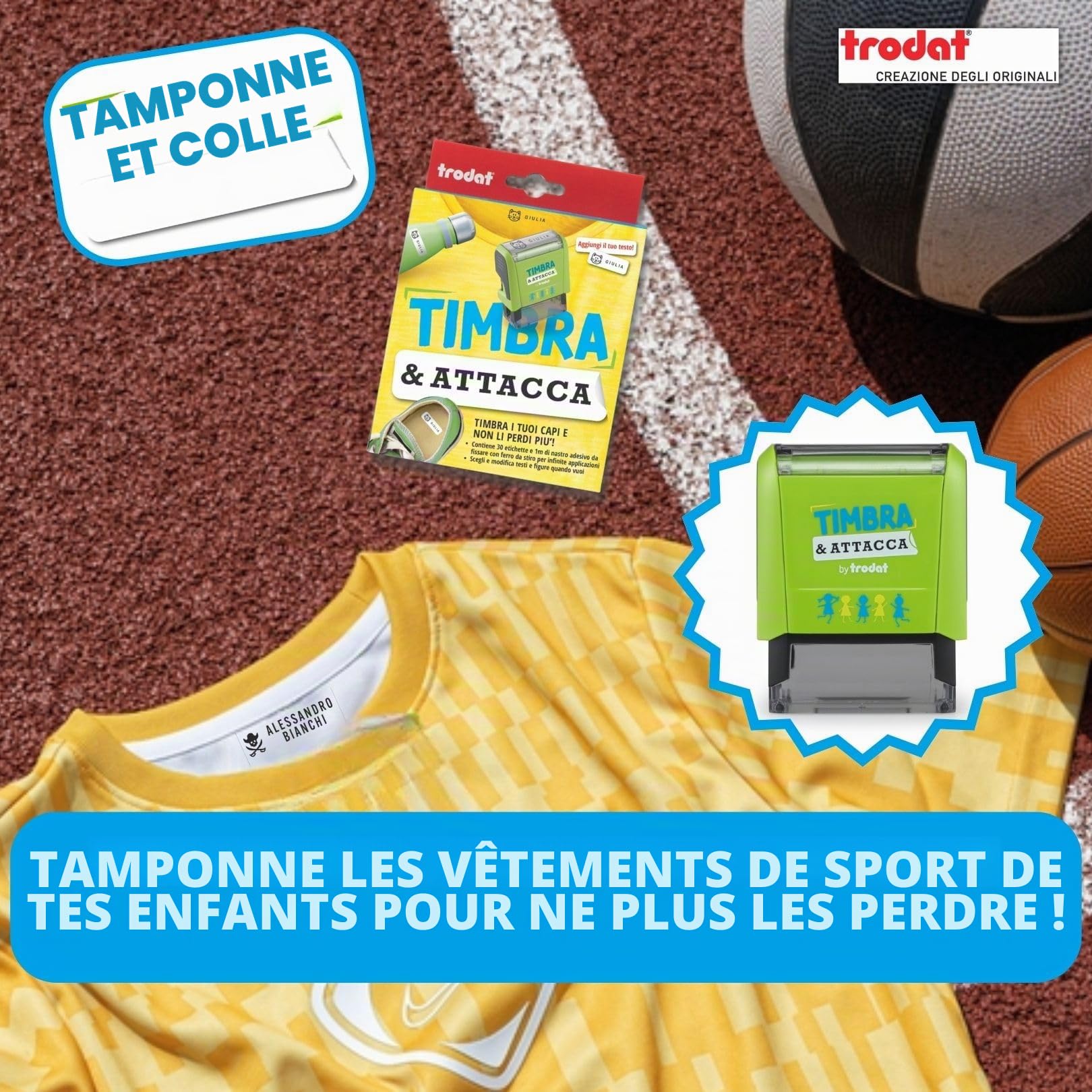 Trodat Tampon et Attache, Tampon Vêtements pour enfants pour la maternelle pour créer des étiquettes autocollantes personnalisées, pour ensemble de maternelle, tampon, polices, pincettes, ruban