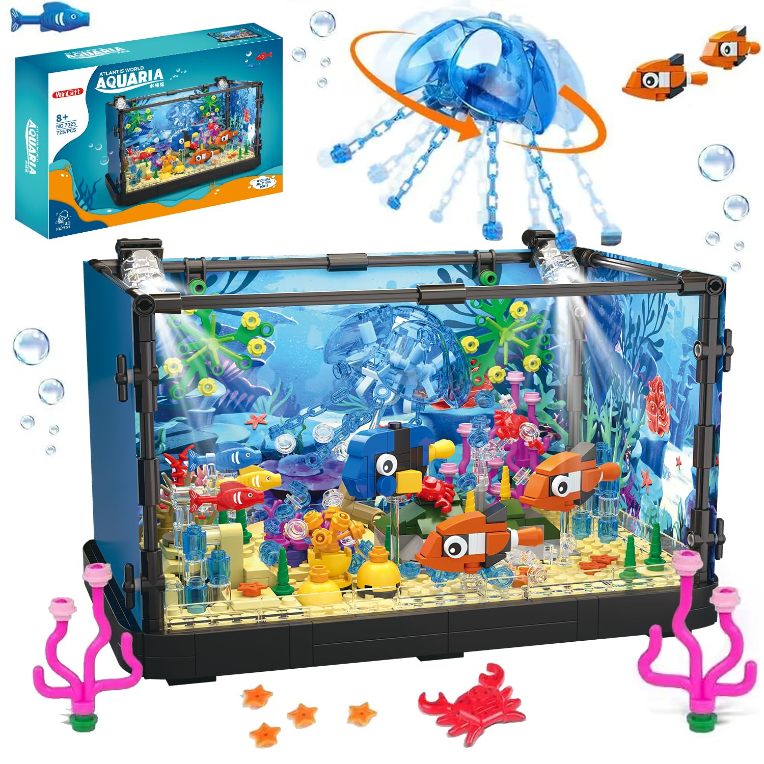 WINGIFT 725 Piece Fish Tank Building Block Set,Movable Lighting Aquarium Building Toy for Adults and Kids,Including Ocean ...