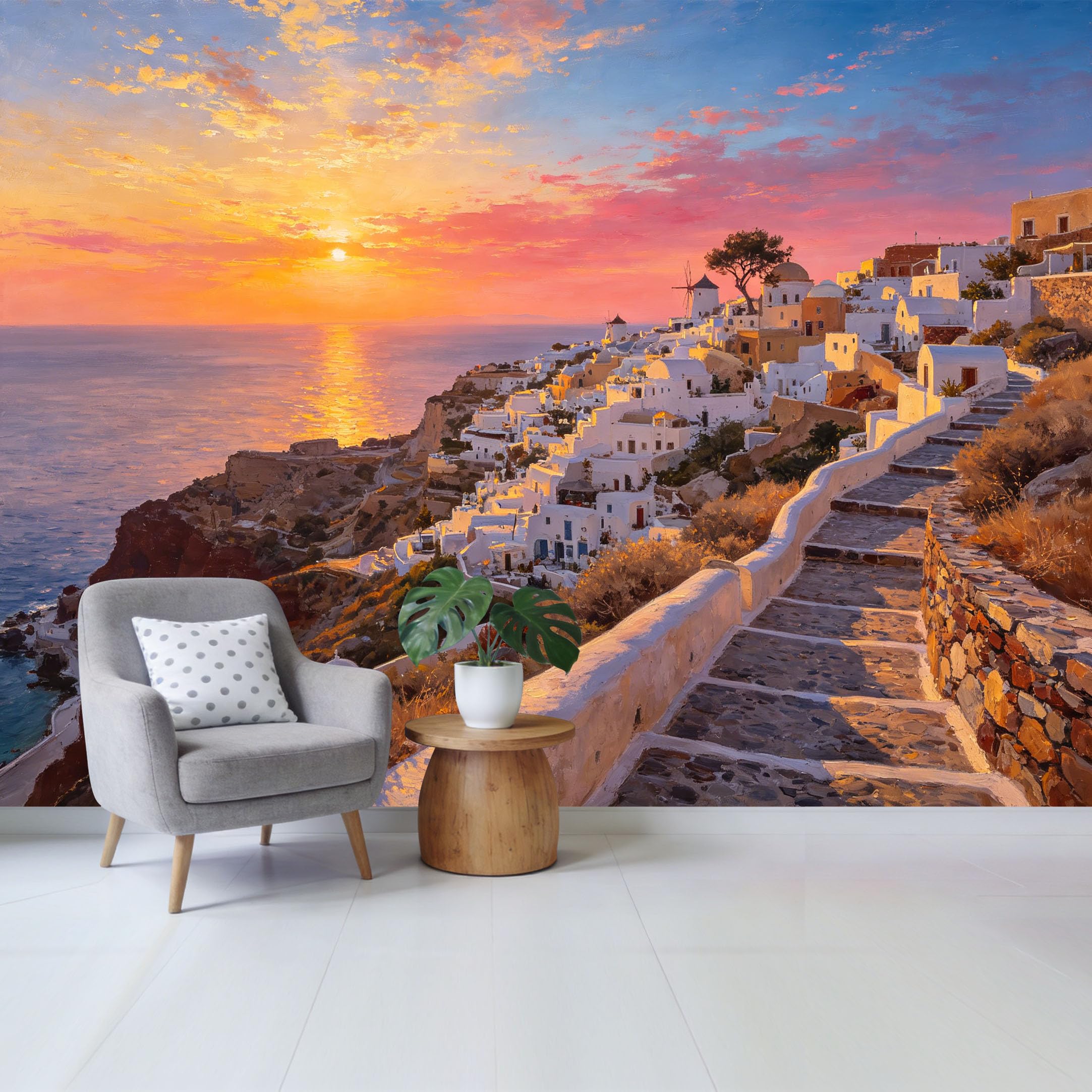Custom Size Wall Mural Mediterranean Coastal Sunset Aegean Sea Oil Painting Removable Self Adhesive Fabric，Home Wall Decor for Living Room Bedroom Bathroom
