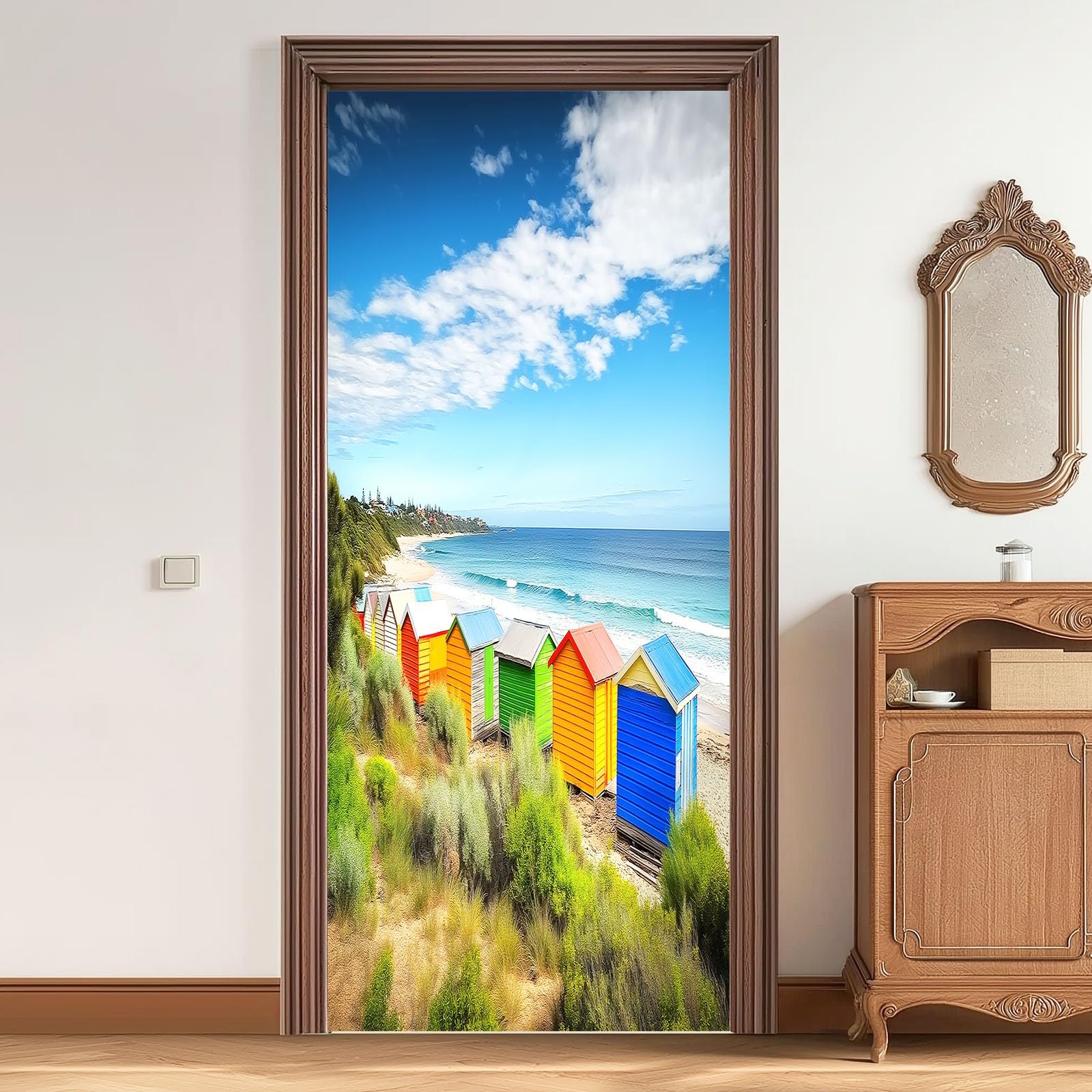 Naklejka na drzwi 3D, samoprzylepna, PCW, 90 x 200 cm, zdejmowana farba, wodoszczelna, do sypialni, kuchni, łazienki, biura, dekoracja na drzwi - nadmorska chatka, plaża, roślina, naklejka na drzwi