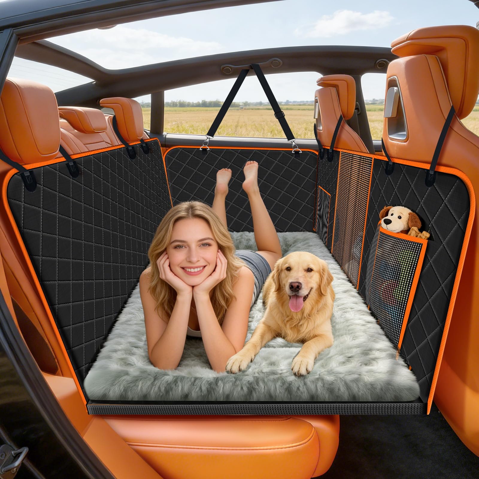 JUOIFIP Dog Car Seat Cover, Car Back Seat Extender Holds 200Kg Dog Hammock, 600D Fabric Hard Bottom Waterproof Foldable Non-Slip Cover, Travel Pet Mat Rear Seat for Cars, Trucks and SUVs
