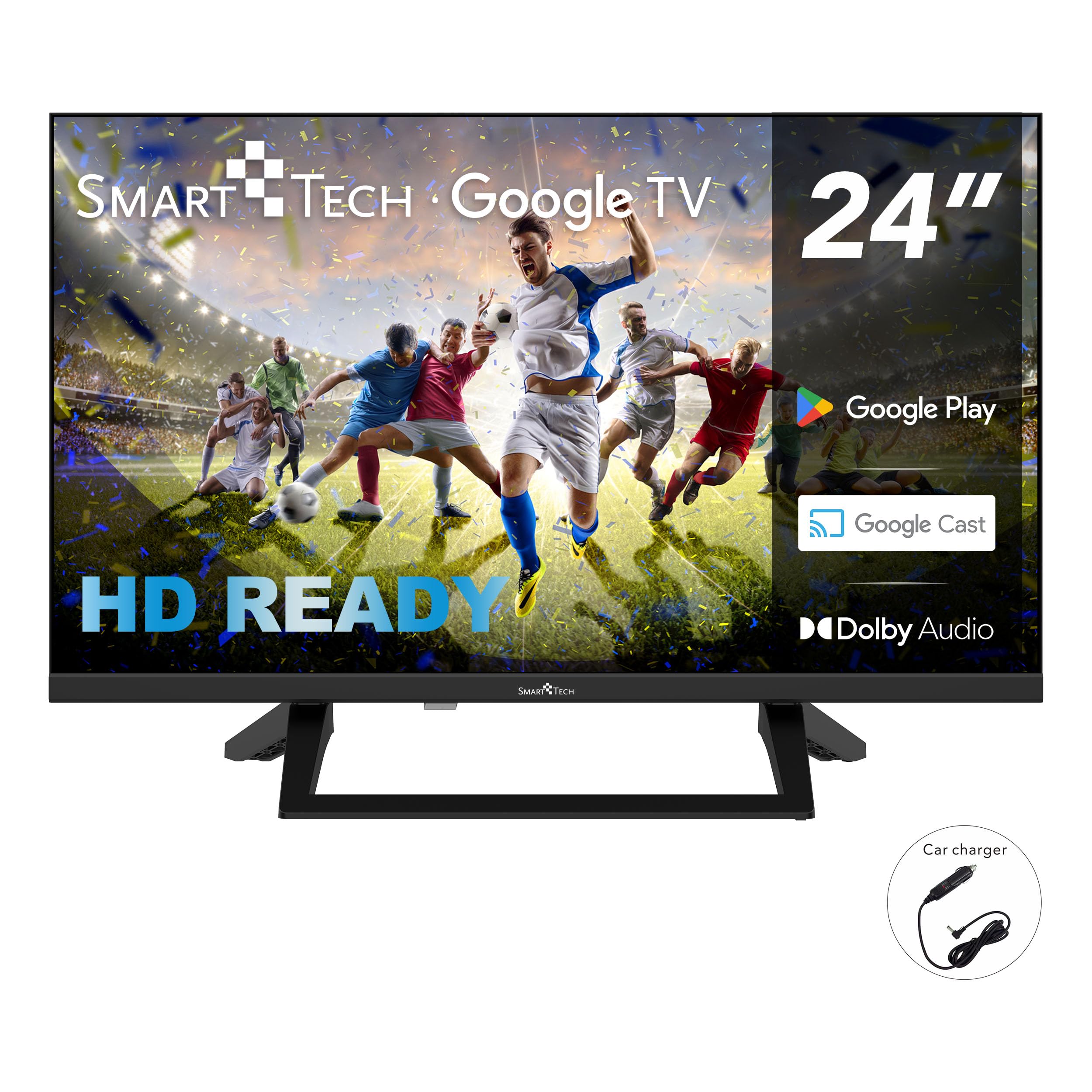 Smart Tech TV LED HD 24" (60 cm) Smart TV Google 24HG01VC Chargeur de véhicule 12v fourni, HDMI, USB, Résolution: 1366 * 768