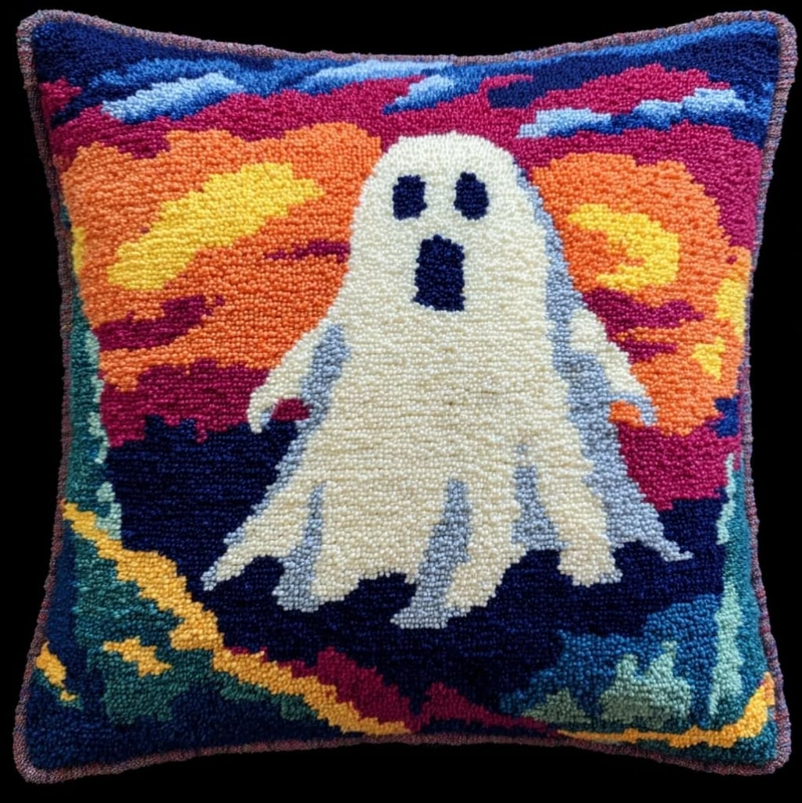 AxiangziK Latch Hook Pillow Kits for Beginners,Ghost 43x43cm DIY Crochet Cushion Creative Craft,Ideal for Home Decor and Fun Crafting