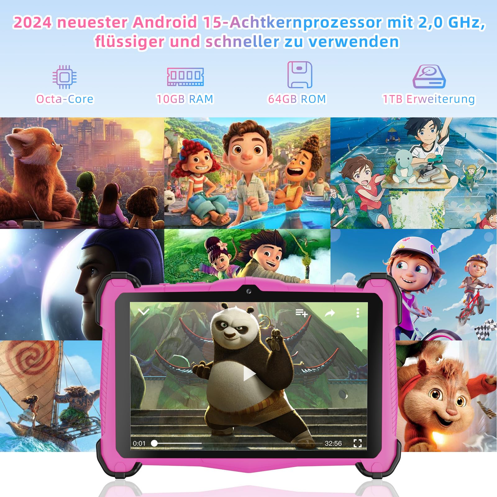 Kinder Tablet 7 Zoll Android 15, Tablet Kinder mit Elternkontrolle, Kids Tablet mit 10GB RAM+64GB ROM (TF 1TB), Octa-Core 2.0GHz, Dualband WLAN 2.4G/5G, Bluetooth 5.0（Rosa）