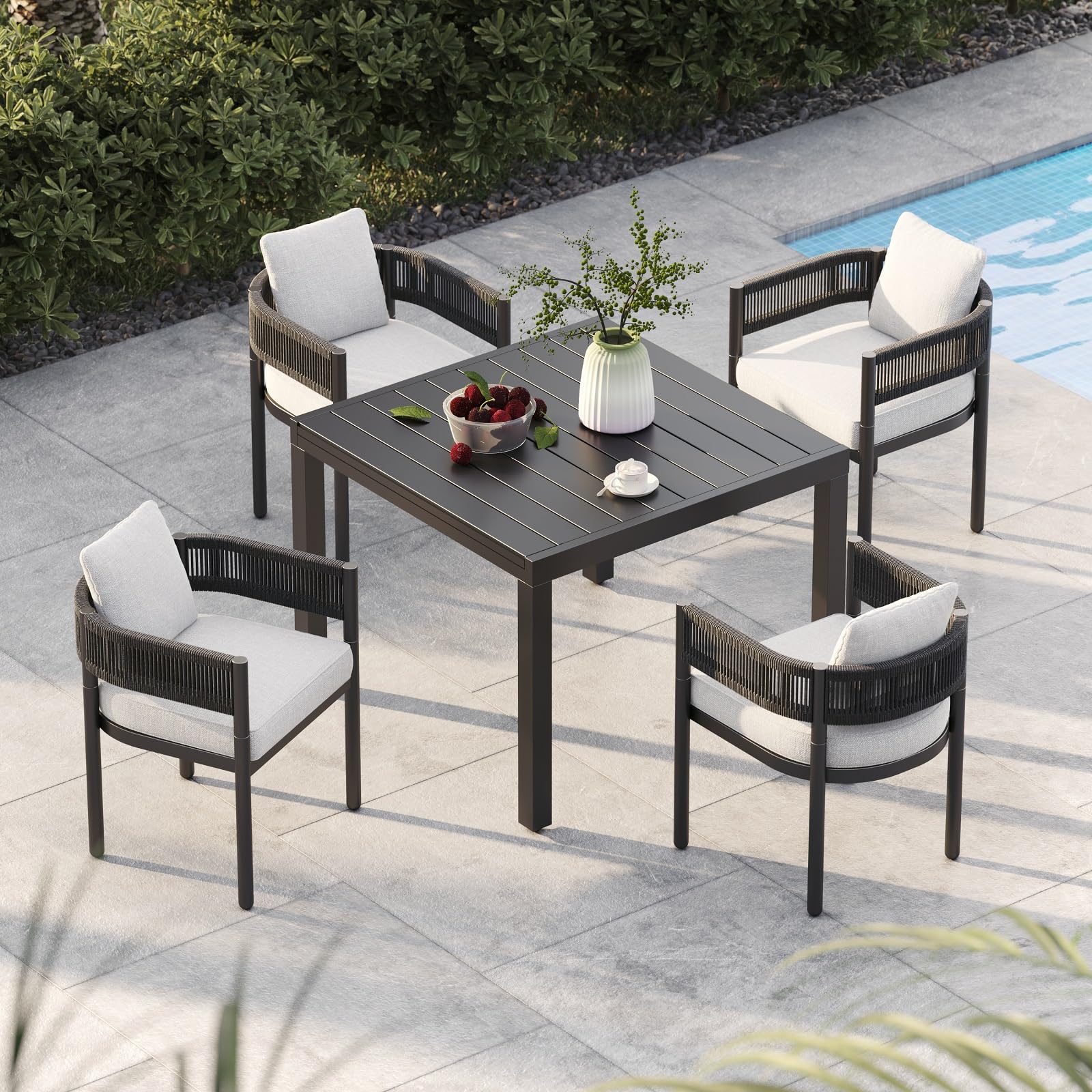 Grand patio5-Piece Outdoor Dining Set for 4 with 1 Rectangle Expandable Table for 4-6 Person, Metal Woven Wicker Fixed Patio Chairs with Thickened Cushions for Yard, Poolside (Black)Global Recycled StandardGlobal Recycled StandardGlobal Recycled Standard