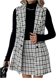 Floerns Women's Plaid Print Lapel Vest Blazer & Short Skirt Set - 2 Piece Workwear Outfit