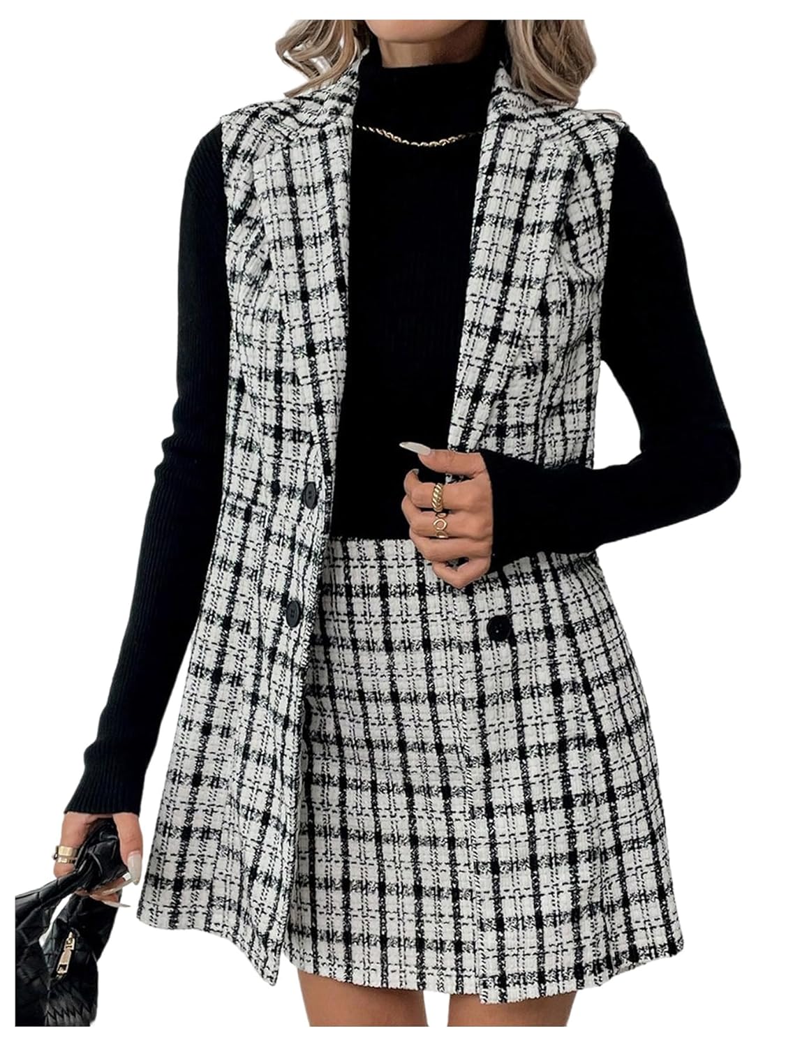 Floerns Womens 2 Piece Outfit Workwear Plaid Print Lapel Neck Vest Blazer and Skirt Set