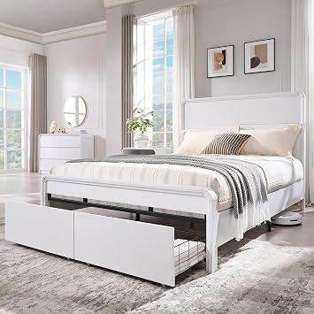 Aitjunz Modern Queen Size Bed Frame with 50" Tall Headboard, White | Wood Queen Size Platform Bed Frame w/2 Storage Drawers, Curved Profile Design, Wood & Steel Platform Bed,No Box Spring Needed