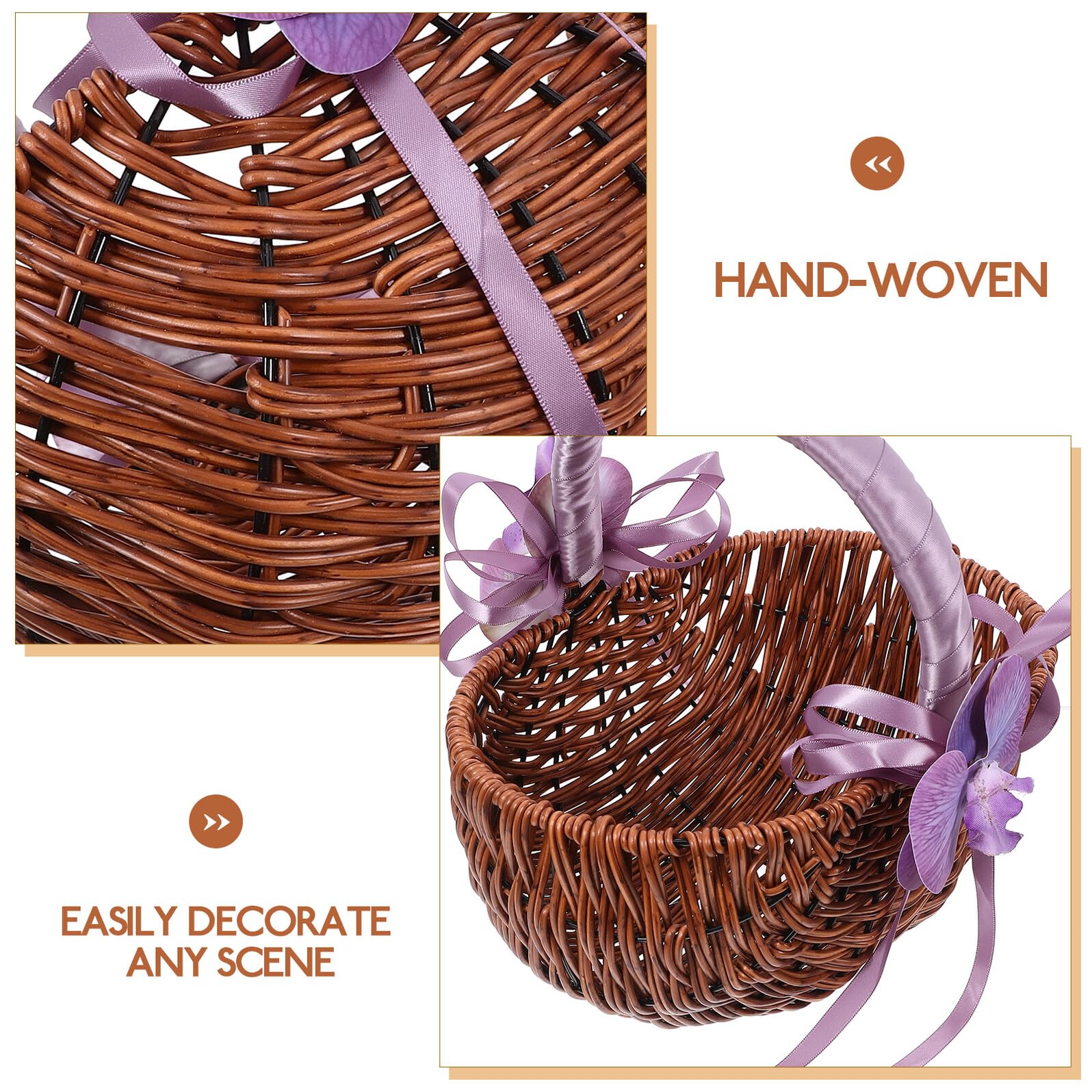 Cesta Tejida para Niña de Flores para Boda Asa Morada, Cesta Decorativa Artesanal de Madera y Plástico, Accesorio Ligero y Resistente para Ceremonias y Eventos Obsequios