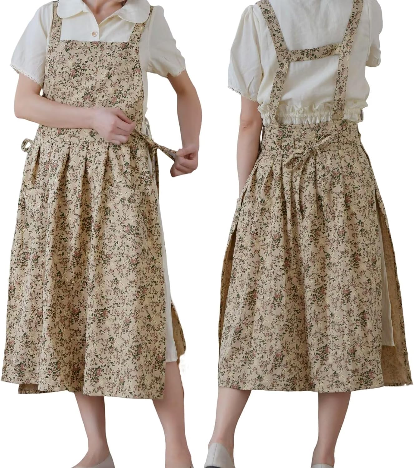 Pinafore Apron Dress，Japanese Cotton Linen Cross Back Apron for Women with Pockets，Pinafore Dress with Waist Ties (Blue flower)