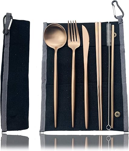 JASHII Juego de cubiertos de viaje de acero inoxidable, tenedor, cuchara, cuchillo, pajilla, cubiertos reutilizables con estuche, juego de