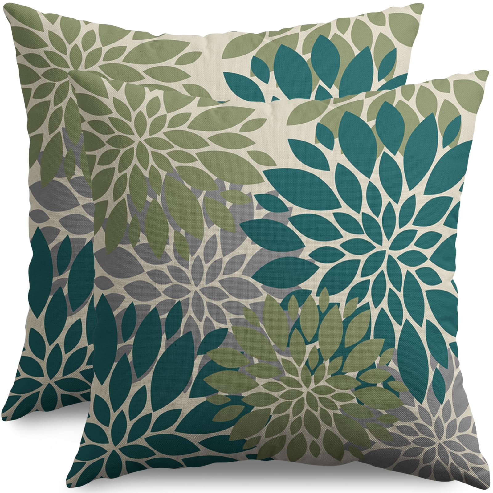 Smozenith Teal Green Grey Gray Pillow Covers 16X16 Inch Set of 2, Spring Modern Geometry Dahlia Floral Print Decorative Throw Pillow Covers Outdoor Farmhouse Cushion Case for Couch Sofa Bed Decor