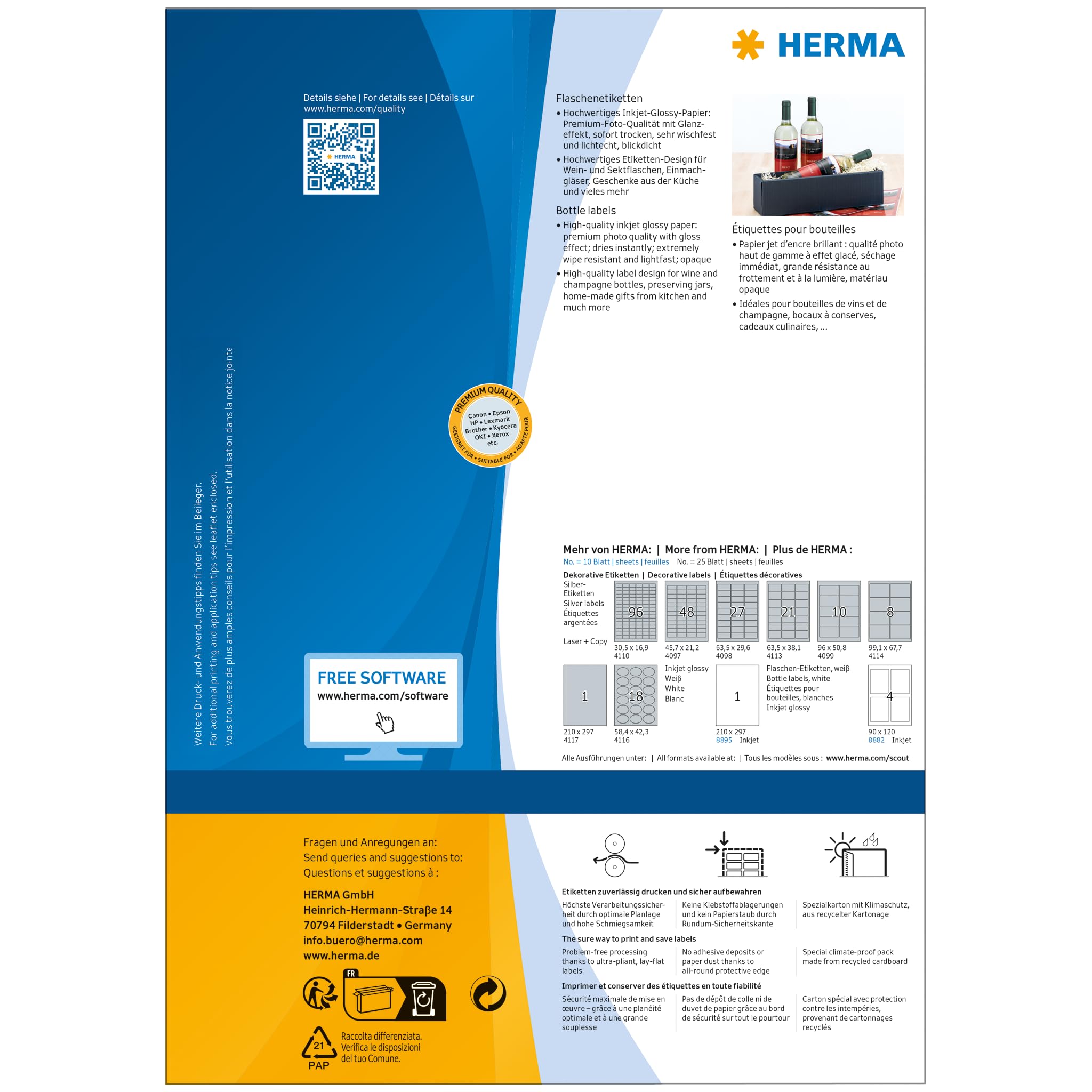 HERMA Samoprzylepne etykiety na butelki, 4 etykiety na arkusz A4, 40 arkuszy, 90 x 120 mm, 160 etykiet, puste etykiety na wysoki połysk, samoprzylepne etykiety o jakości fotograficznej do drukarki