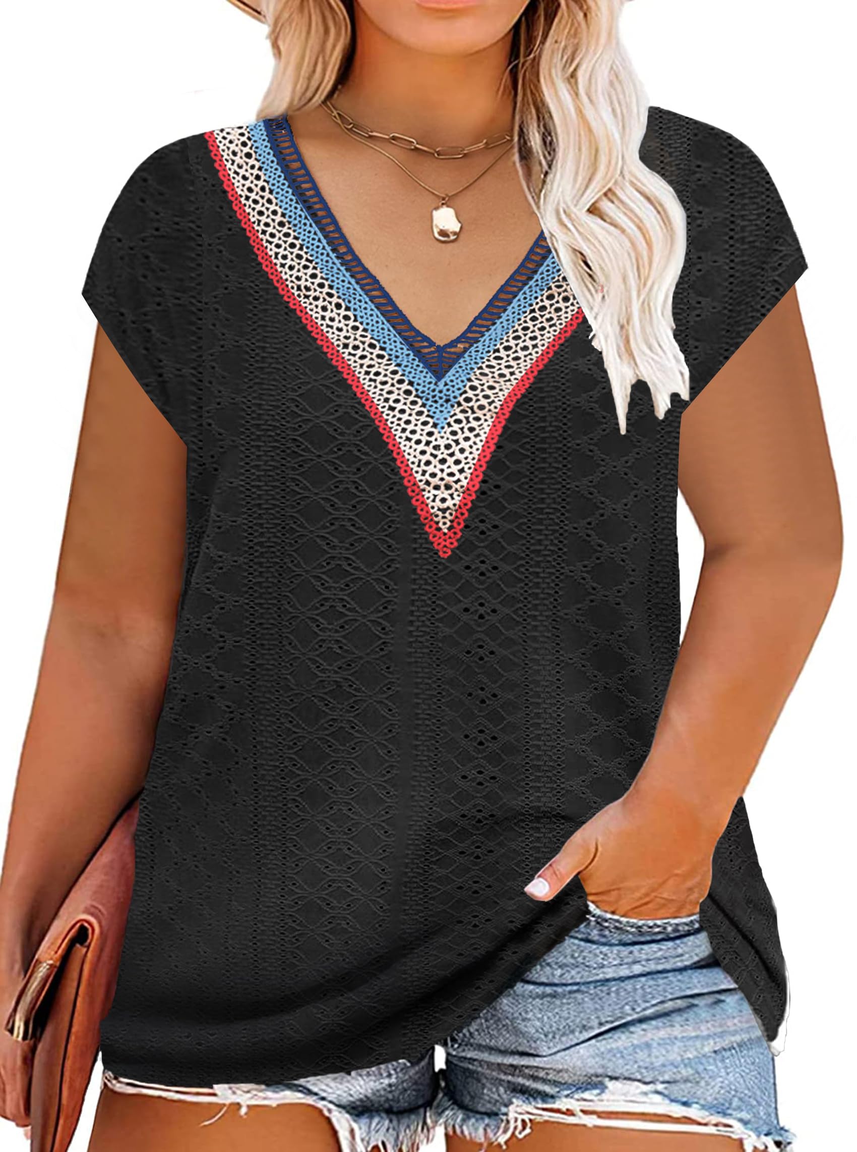 SUWATOIN Blusas de talla grande para mujer, cuello en V, manga corta, ribete de encaje, elegante, ahuecado, con ojales, tela