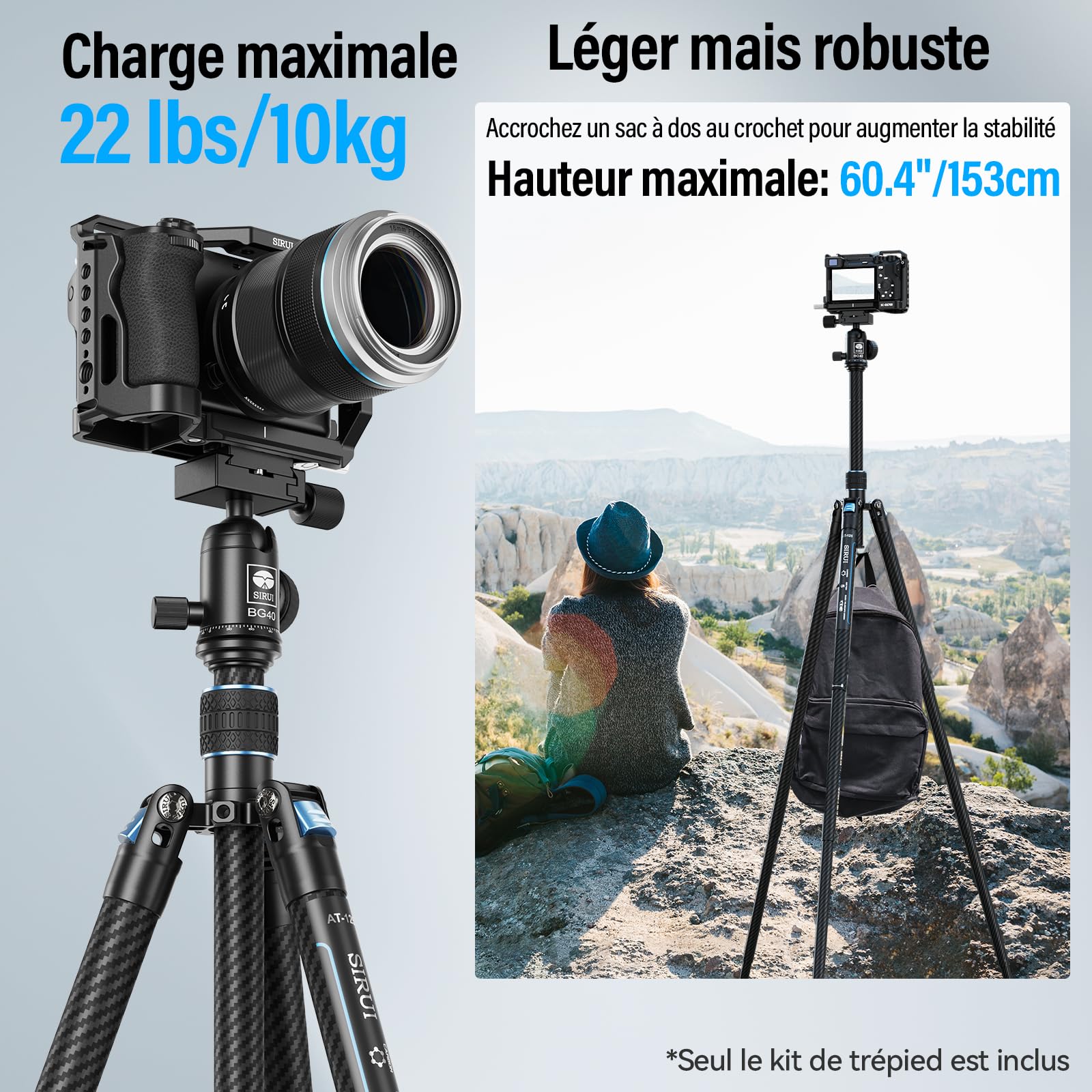 SIRUI 60'' Trépied Appareil Photo avec PTZ 360°,Trépied Vidéo en Fibre de Carbone,Pied Camera de 2 LB avec Plaque de Chargement Rapide,Poids Maximum 10kg(Traveler X-III)