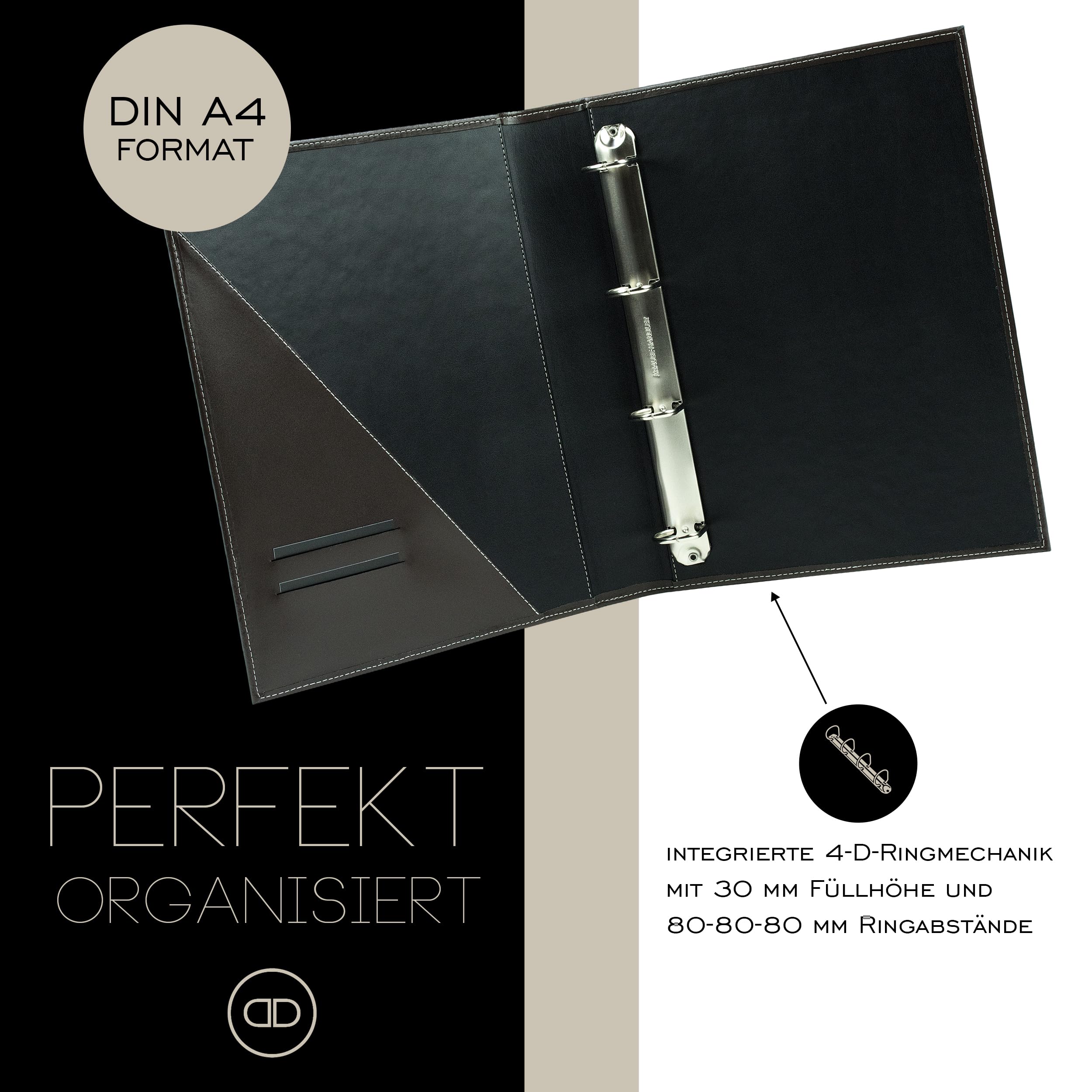 DELMON VARONE - Personalisierbare Dokumentenmappe DIN A4 Premium Cambridge Leder Braun - Ringbuch Ablagemappe zum Abheften von Dokumenten, Urkunden & Akten - Ordner mit 3 Einsteckfächern