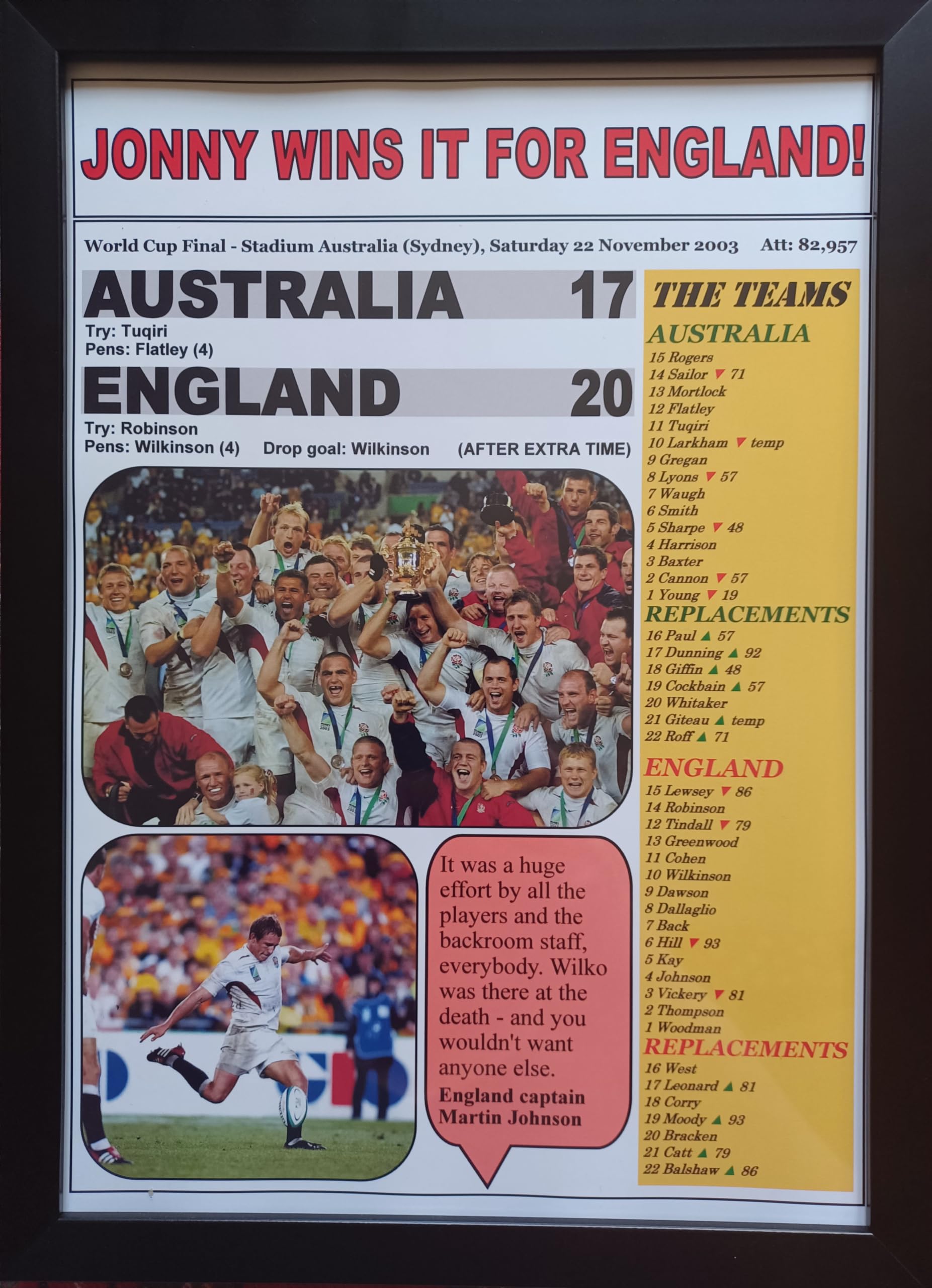 Assorted Australia 17 England 20-2003 Rugby World Cup final - framed print