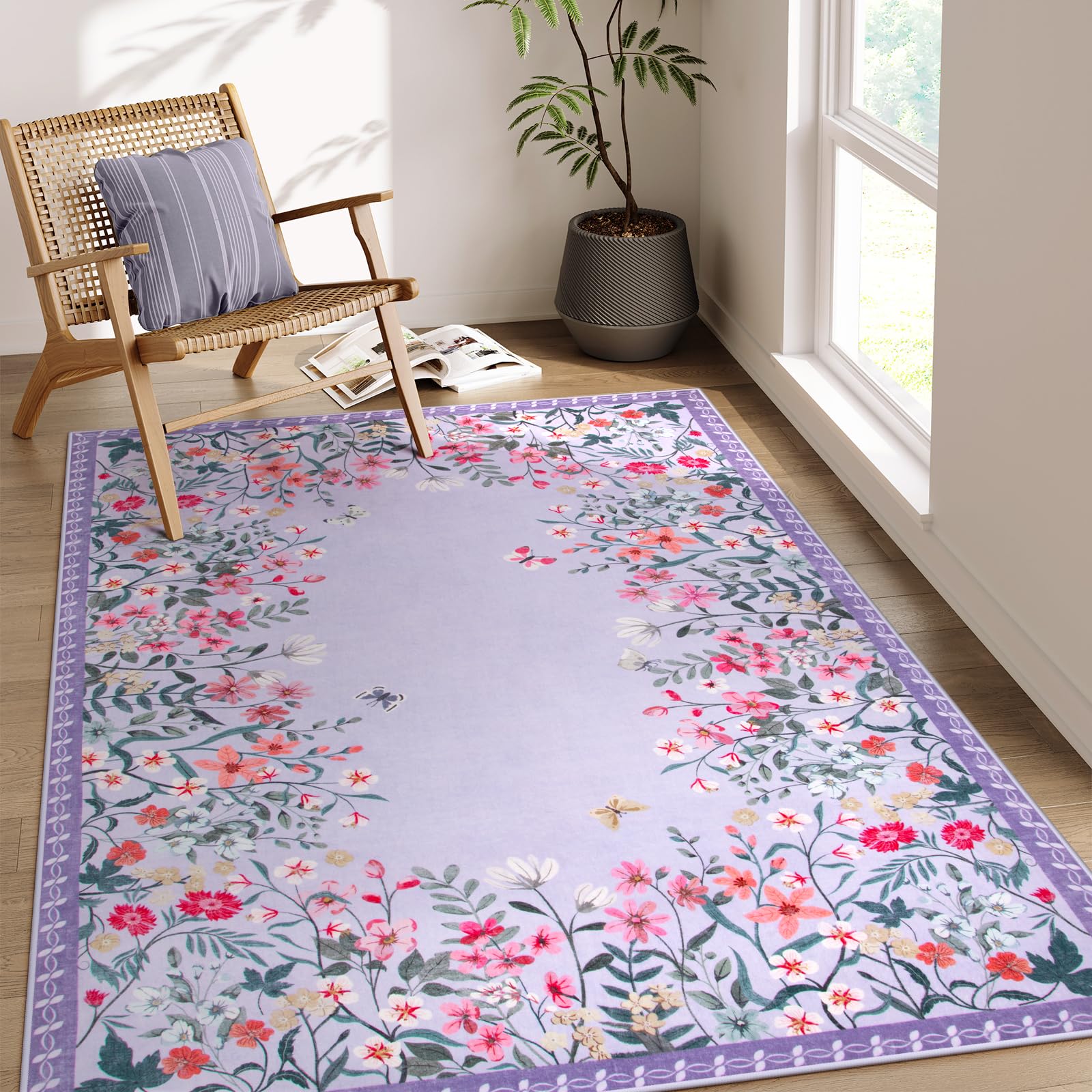 Wonnitar Washable 4x6 Rug, Purple Rugs for Girls Bedroom, Soft Non-Slip Nursery Area Rug, Floral Rug Kids Room Low Pile Throw Carpet for Dorm Decor (