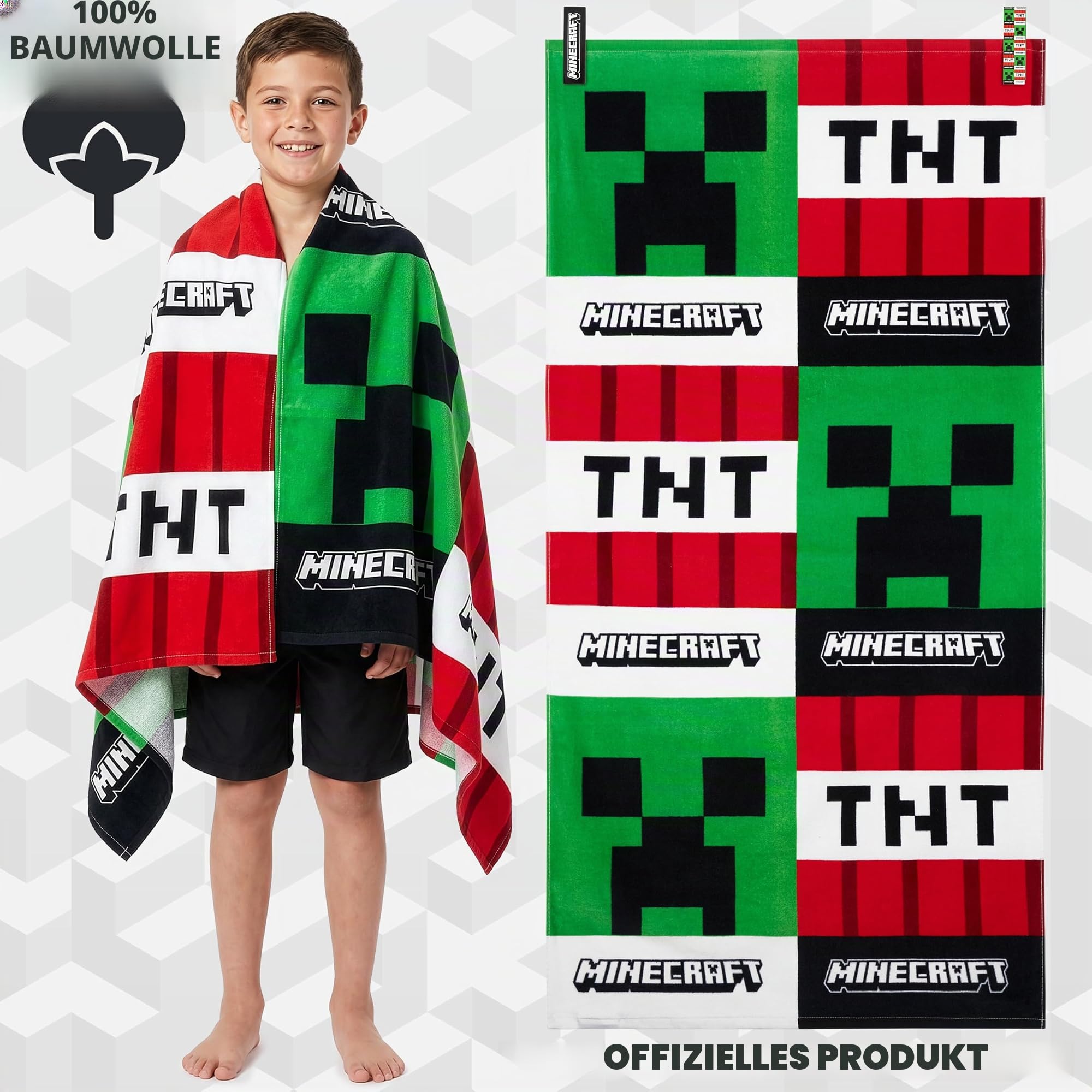 Minecraft Handtuch Kinder Teens 70x140cm mit 2 Clips Strandtuch Creeper TNT 100% Strandtücher Baumwolle Schnelltrocknend Duschtuch für Pool Urlaub