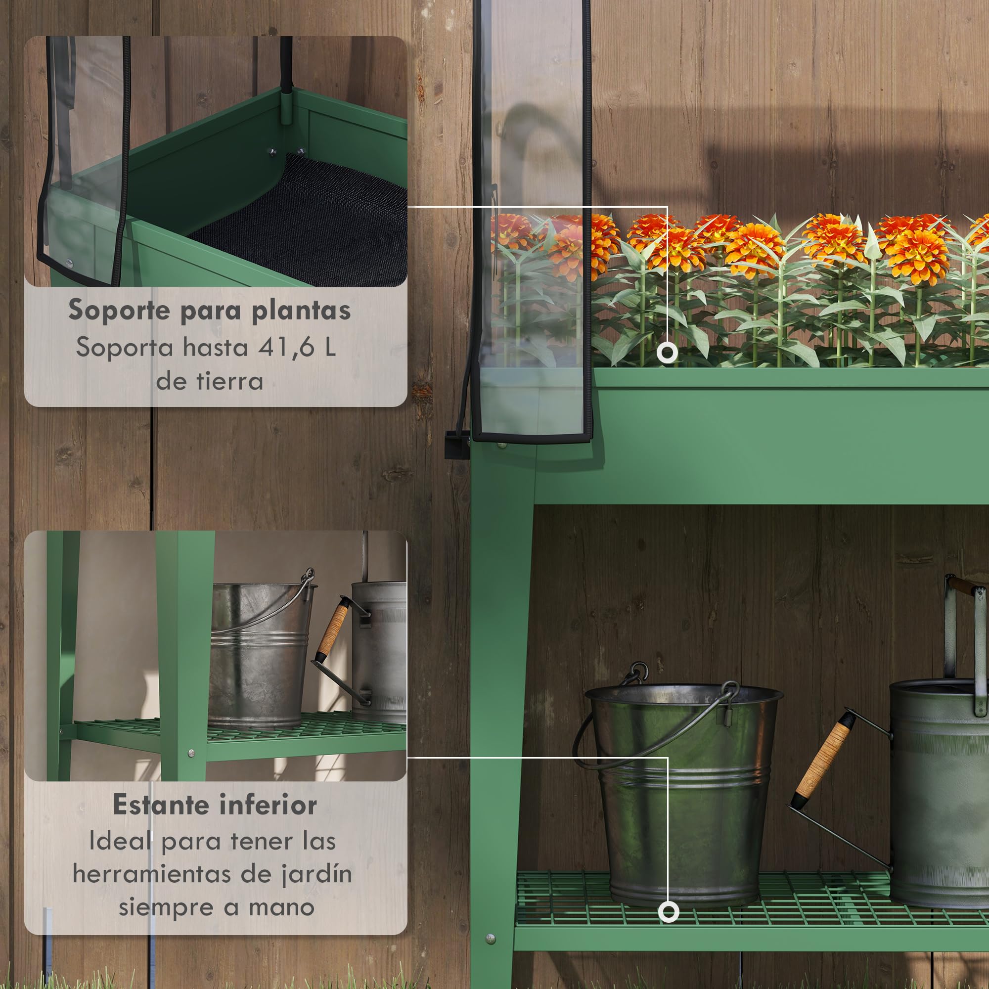 Outsunny Huerto Urbano Elevado con Ruedas, Mesa de Cultivo con Cubierta PVC de Invernadero y Estante Inferior para Cultivo, Plantas, Flores y Verduras, 80x40x120 cm, Verde