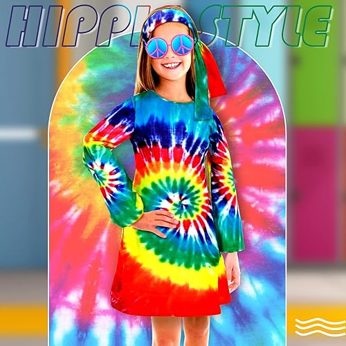 Miniatura 6 de Juego de 3 piezas de disfraz hippie de los años 60 y 70 para niñas incluye vestido retro para niña diadema y lentes de sol para fiesta hippie y