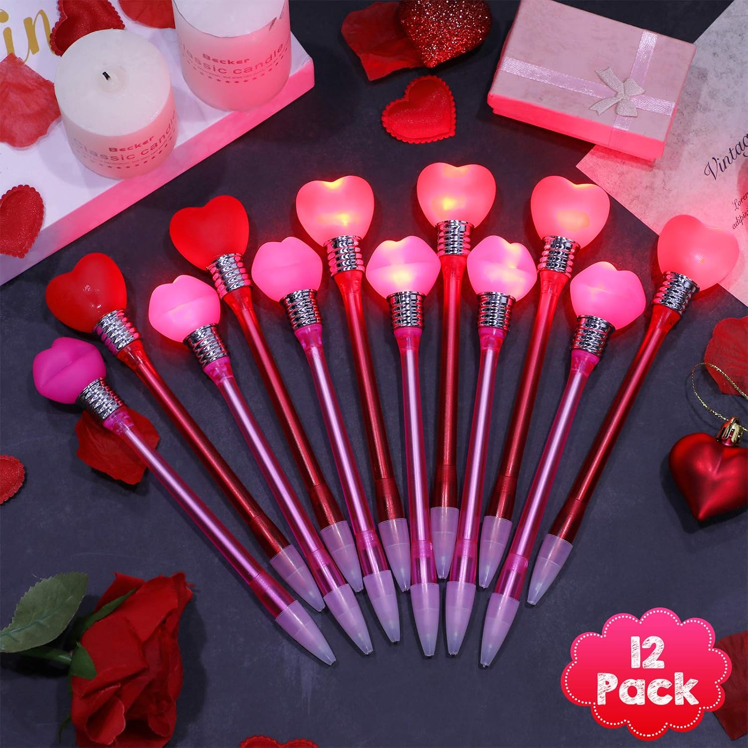 Zonon 24 Piece Valentine's Day Pen Red LED Heart Ballpoint Pen Glow in The Dark Black Ink Valentine's Gifts for Adults Office Mother's Day Wedding Party Supplies(Romantic Style)