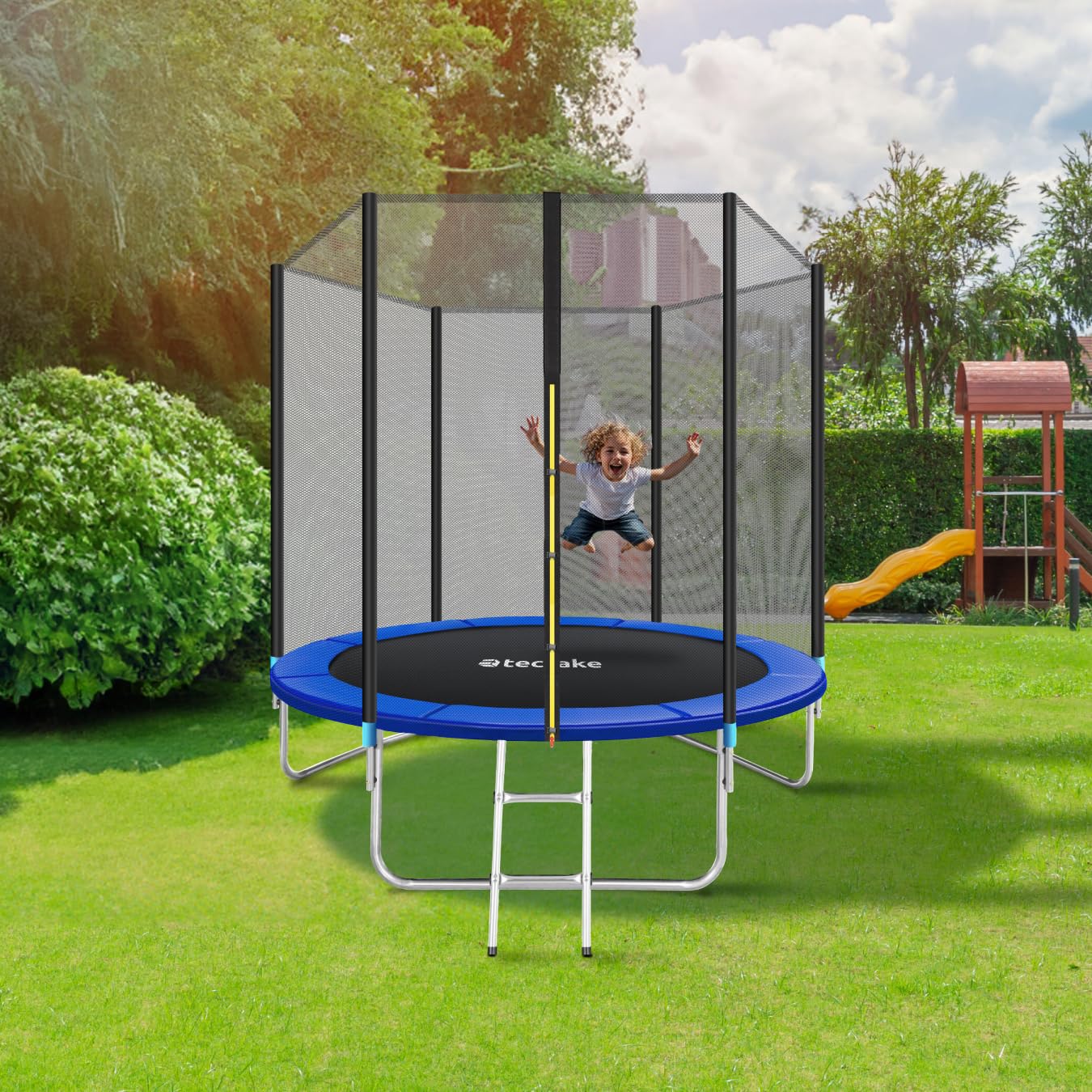 tectake® Trampolino Elastico per Bambini e Adulti da Giardino Ø 244/305/366/396/427/457 cm, Certificato GS, Rete di Sicurezza per Bambini e Scaletta, Trampolino Fitness e Sport, Bordo Imbottito