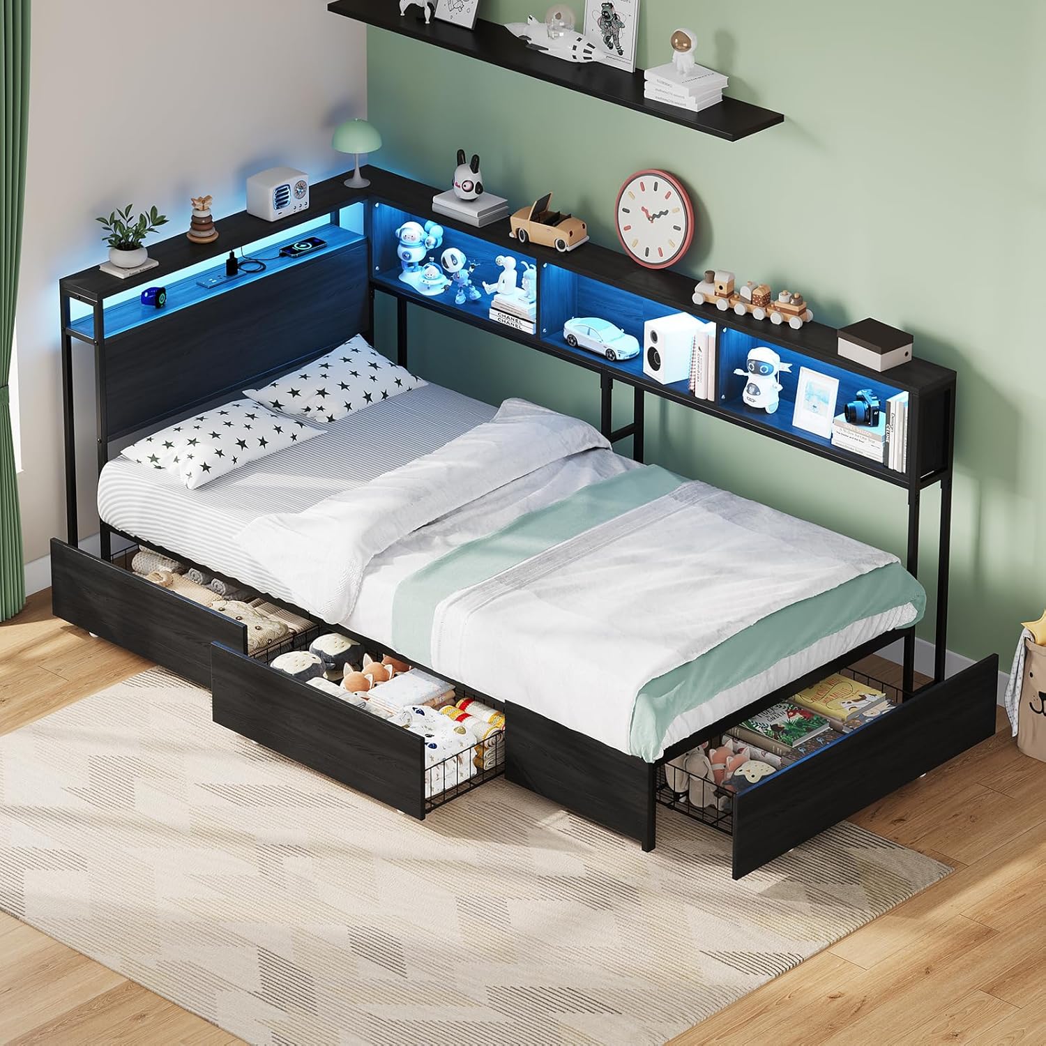 Twin Corner Bed Frame with 3 Storage Drawers, RGB LED Headboard with Charging Station, Bookcase Storage, Twin Size Metal Platform Corner Bed Frame, Twin Daybed for Kids Teens Guests, Black