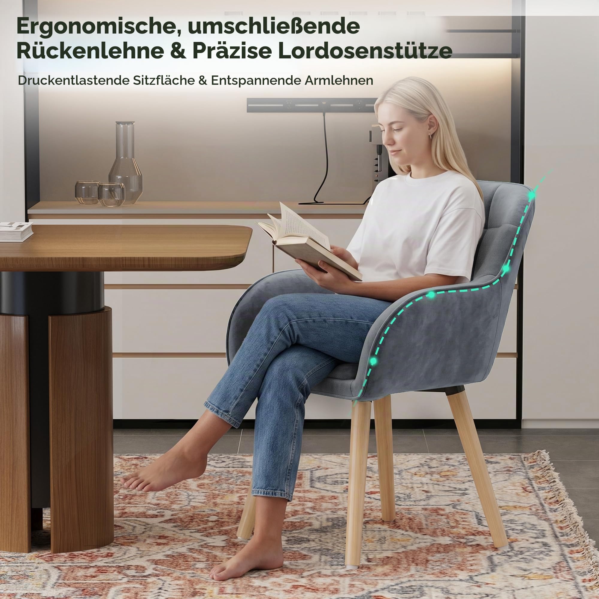 ELUCHANG Esszimmerstühle 4er Set, 10cm Dicke Polsterung Stuhl mit Hohen Armlehnen, Grau Samt, Massivholzbeine + Metallbasis bis 150 kg Belastbar, für Schlafzimmer Küche Wohnzimmer
