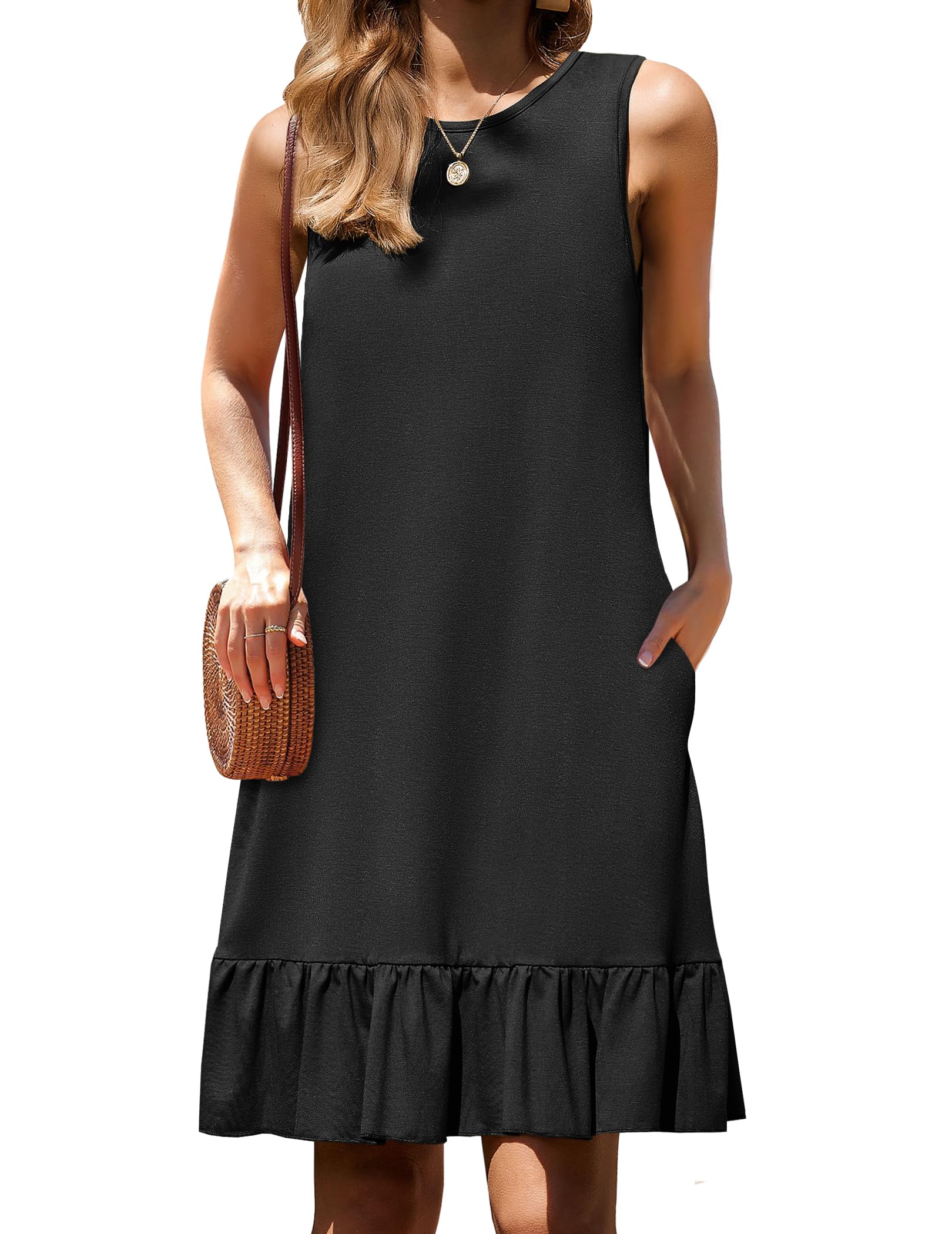 HOTOUCH Women's Summer Dresses Casual Loose Sleeveless Tshirt Sundress Ruffle Hem Tank Dress Beach Dress with Pockets