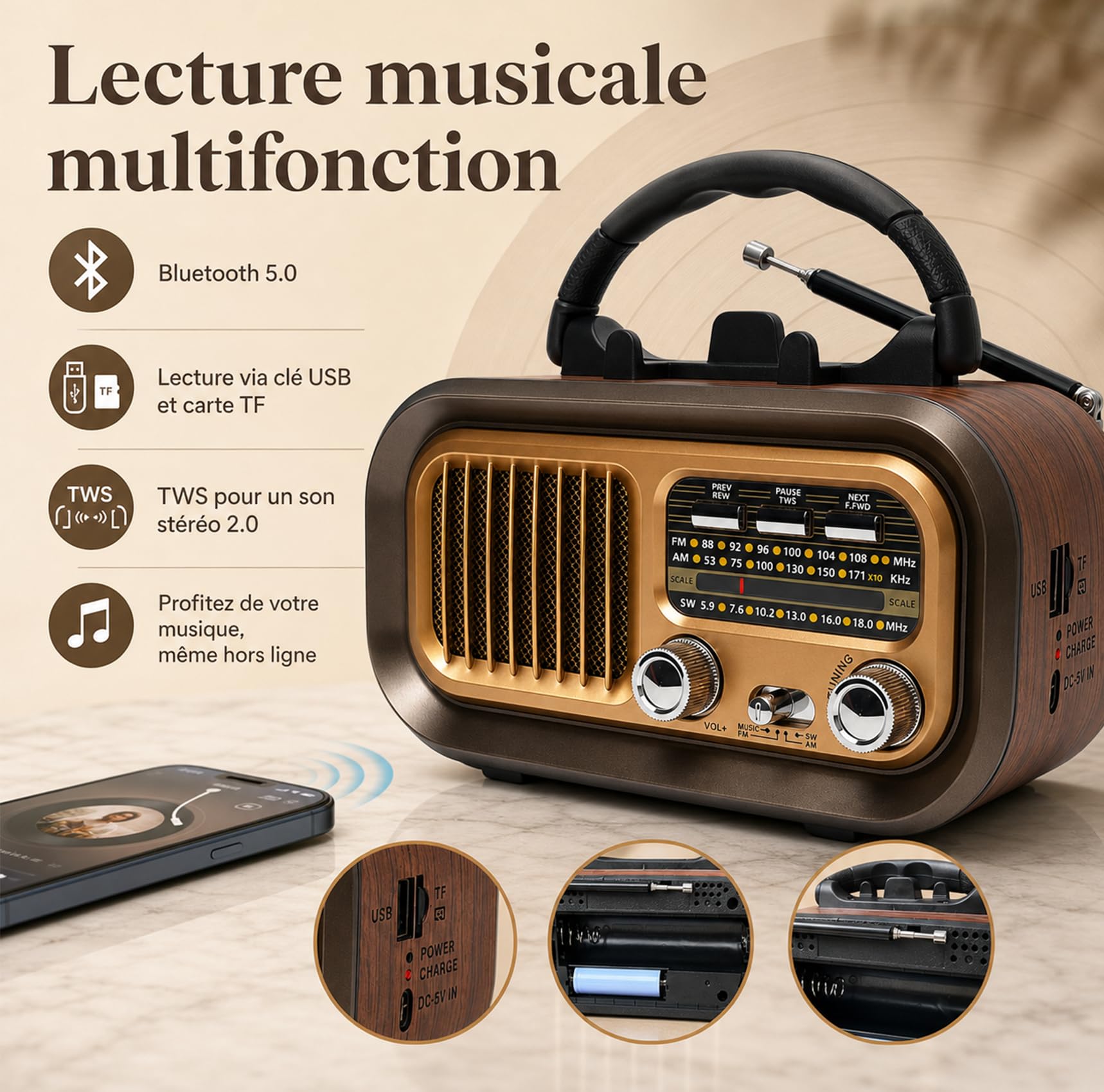 Poste Radio Portable Bluetooth AM/FM/SW, Radio Vintage Rechargeable 1200mAh avec USB/Carte TF/TWS, Radio à Piles D pour Maison, Jardin, Camping et Personnes Âgées