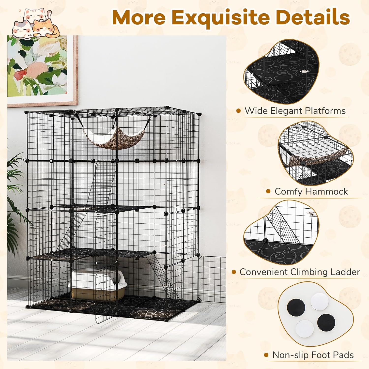 PETSITE 4-Tier Cat Cages Indoor, Metal Wire Cat Enclosure with Extra Large Hammock, 3 Ladders, and 4 Lockable Doors, Detachable Indoor Cat Catio Kennel for 1-4 Cats Kitten, Anti-toppling Kits Included
