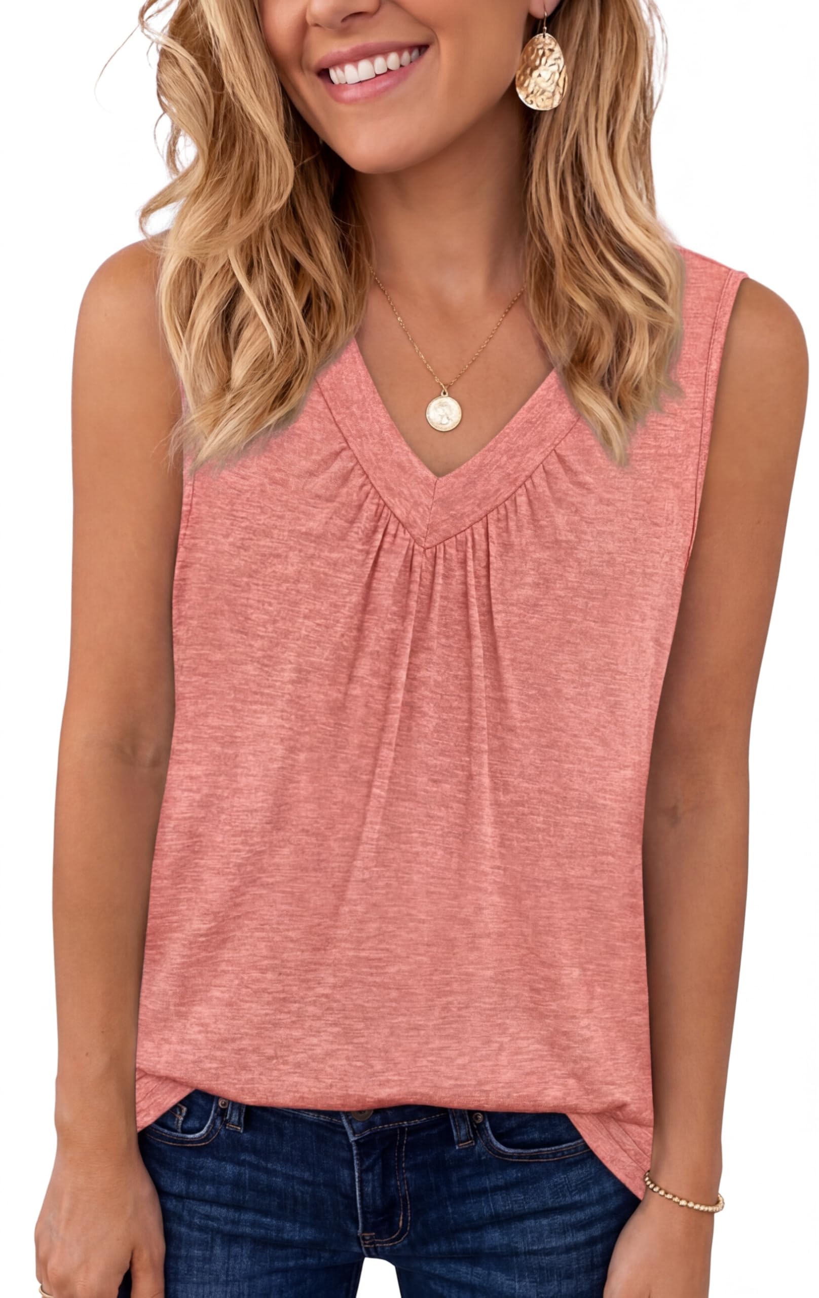 Chicrise Tank Top Damen Sommer V Ausschnitt Plissierte Basic Oberteile Ärmellos Locker Elegant Bluse Casual Leicht