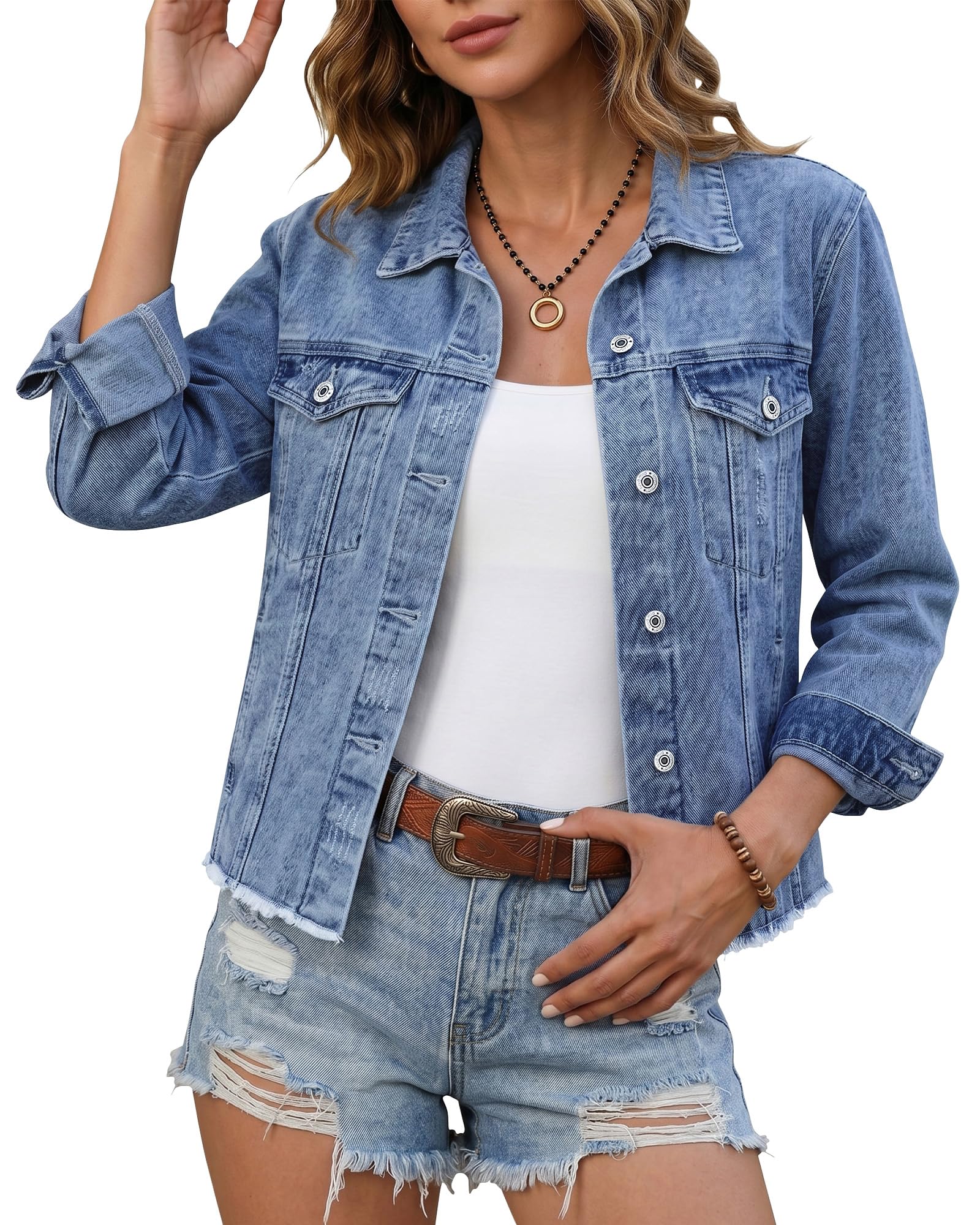 luvamia Denim Jacket for Women Distressed Jean Jackets Button Up Vintage Western Trucker Jacket Frayed Hem Pockets