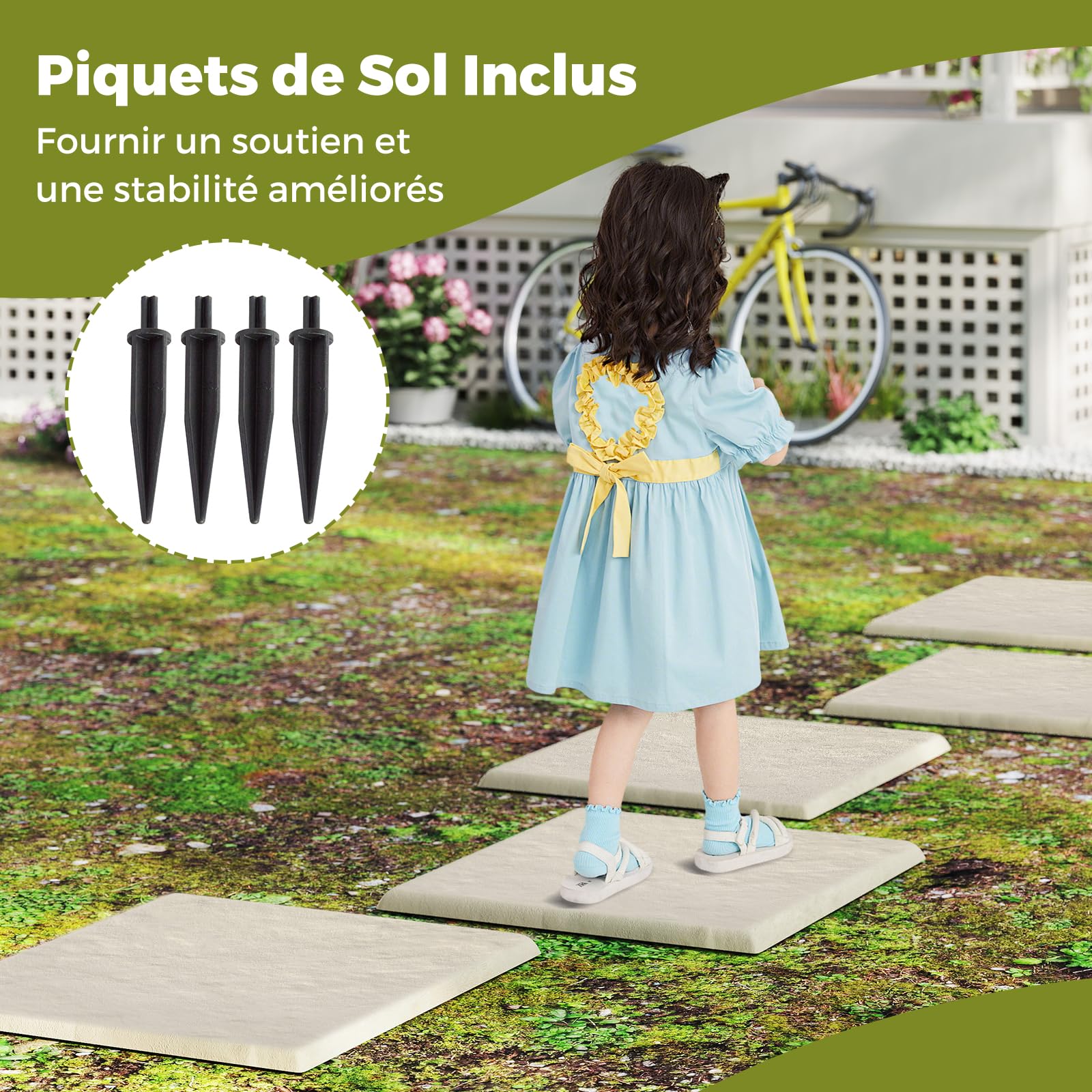 COSTWAY Lot de 8 Dalles de Jardin avec Piquets de Sol, 39,5x39,5cm, Dalles Extérieures de Terrasse Tout Temps, Revêtement de Sol Plastique Imperméable pour Pelouse et Cour, Charge 300kg, Beige