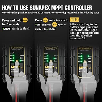 SUNAPEX 12V MPPT Solar Charge Controller with LED Display