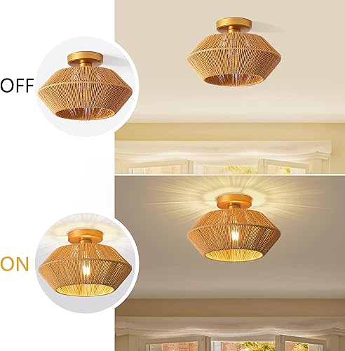 Miniatura 5 de Imitation Rattan Flush Mount Ceiling Light, Hand-Woven Shrouded Hallway Ceiling Light Fixtures Farmhouse Chandeliers Antique Brass Brush Paint