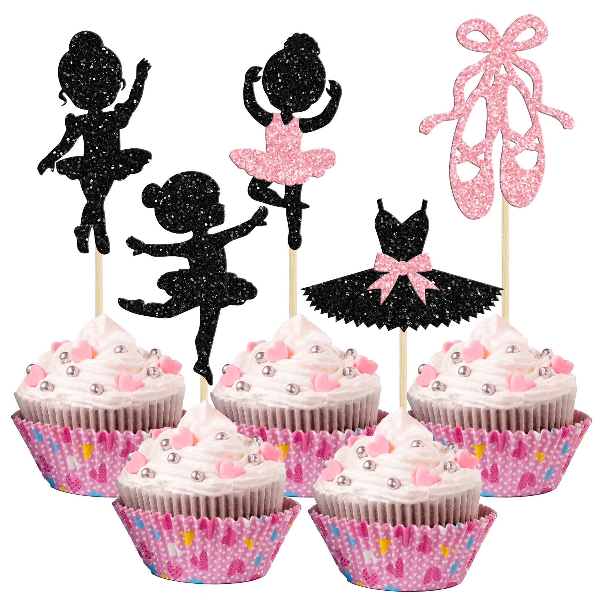 Gyufise 24Pcs Ballerina Tutu Cupcake Toppers Black Glitter Ballet Girl ...
