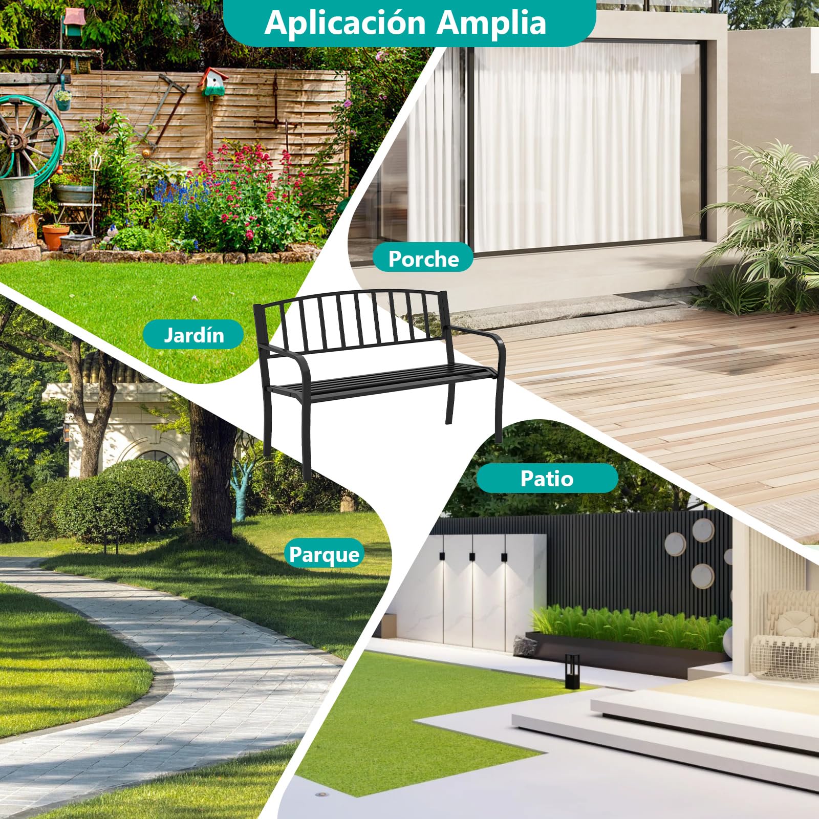 COSTWAY Banco Jardin para 2-3 Plazas, Banco Exterior de Metal, Respaldo de Listones y Reposabrazos Curvos, Terraza Patio Balcon, Carga 300kg, 127 × 59 × 85,5 cm, Negro