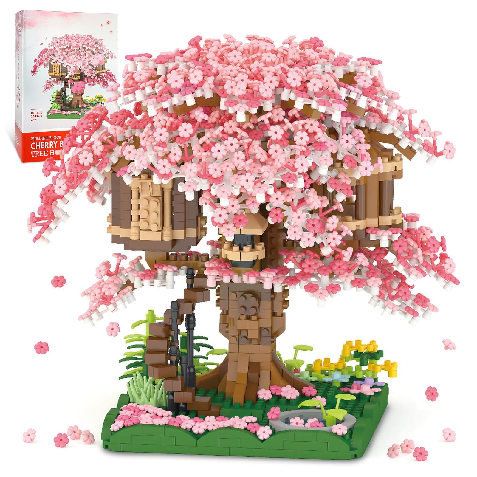 Cherry Blossom Bonsai Set, Japanese Sakura Tree House Building Blocks for Adults & Kids 14+, Mini Tree House Kit (2028Pcs)