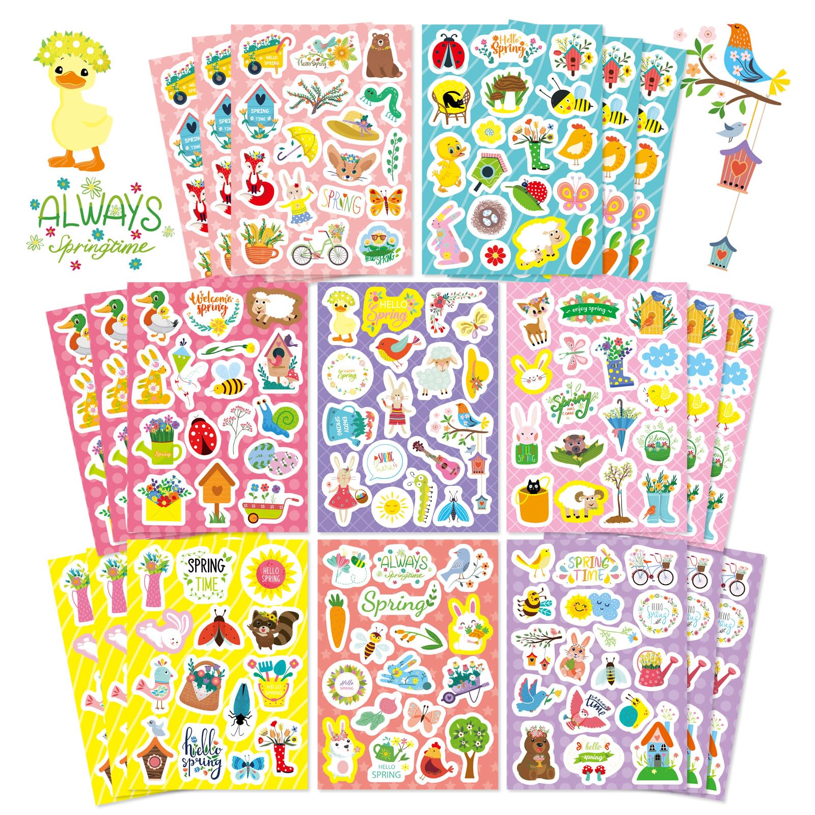 24 Sheets Spring Stickers for Kids, Spring Flowers Stickers Butterfly Bug Animal Nature Stickers for Water Bottles Envelopes Crafts, Spring Theme