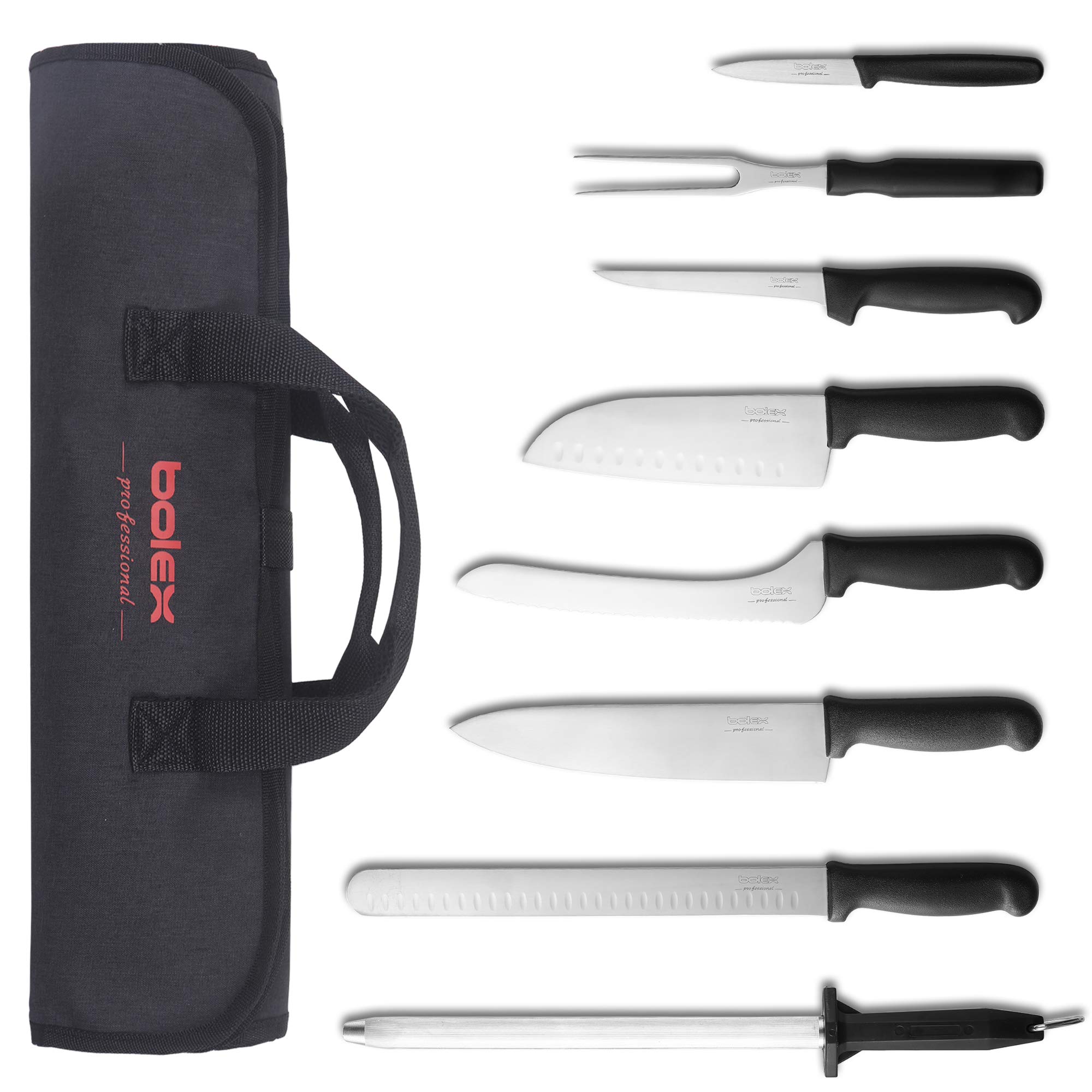 Professional 9 Piece Roll Knife Set, BBQ Knife Set, Knife Roll, Japanese Style Premium Stainless Steel Chef Knife Set, Kitchen Knife Set in One Set with Carrying Bag